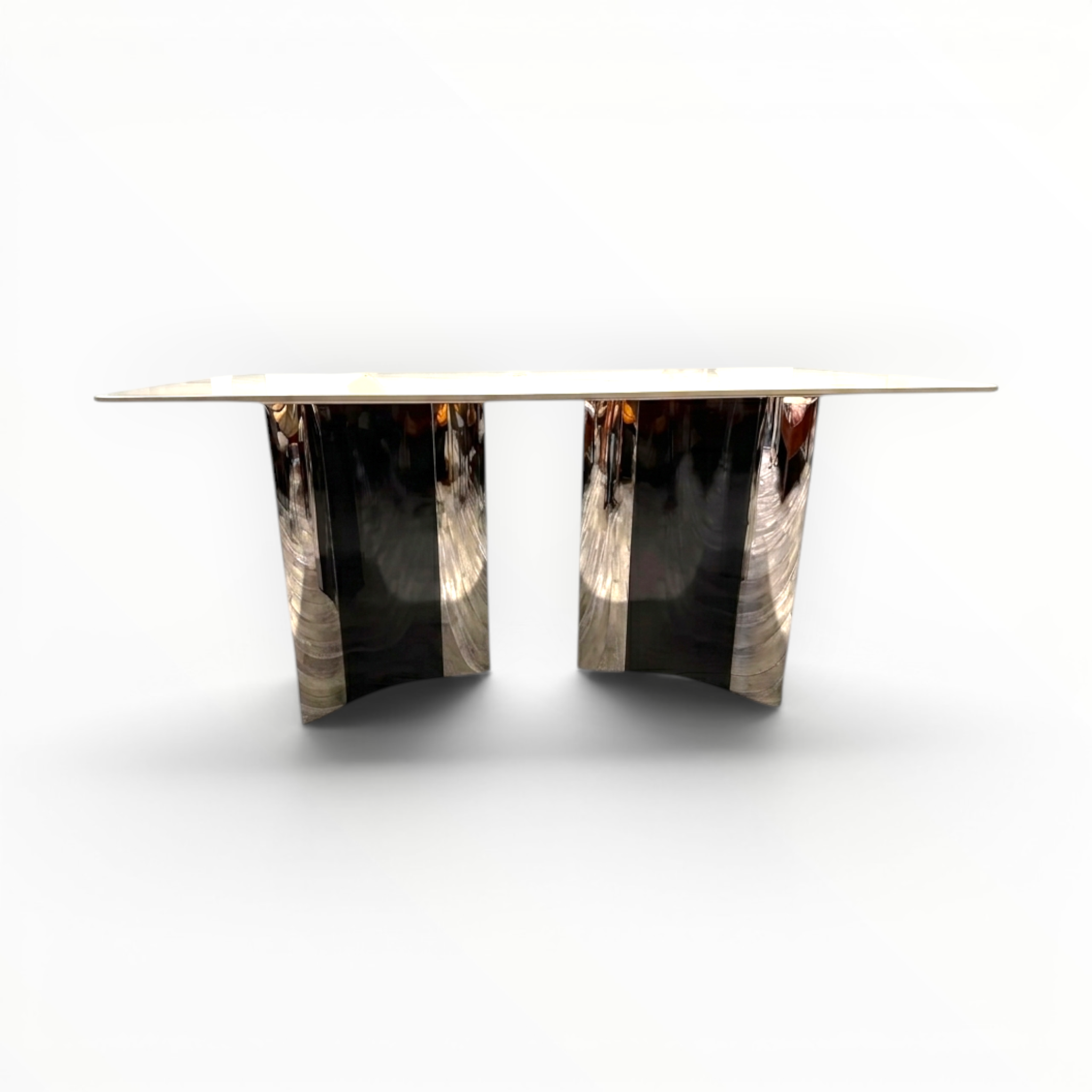 Urban dining table – white tile top with polished chrome sculptural mild steel base – front view
