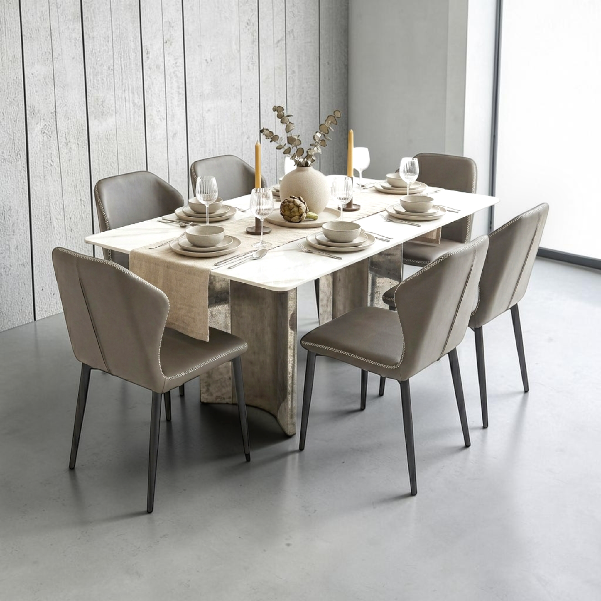 Urban 6-seater dining set – tile-top table with taupe leatherette chairs in modern dining room – Hyderabad