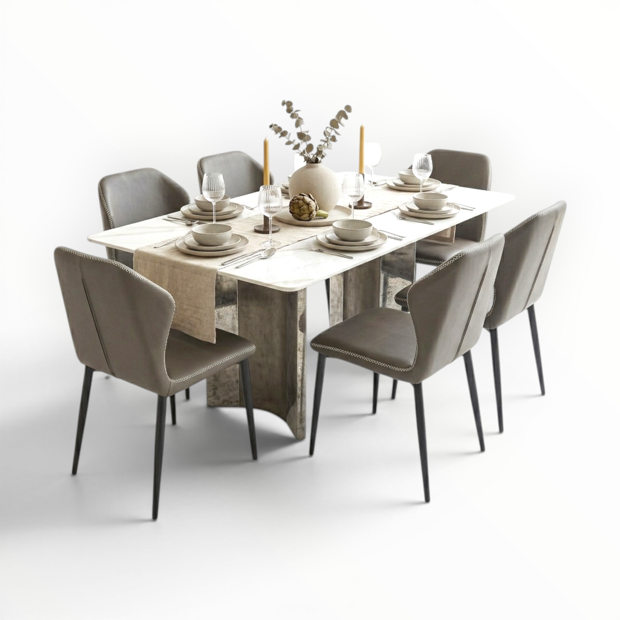 Urban 6-seater dining set – marble-look tile top table with taupe leatherette chairs – full set view