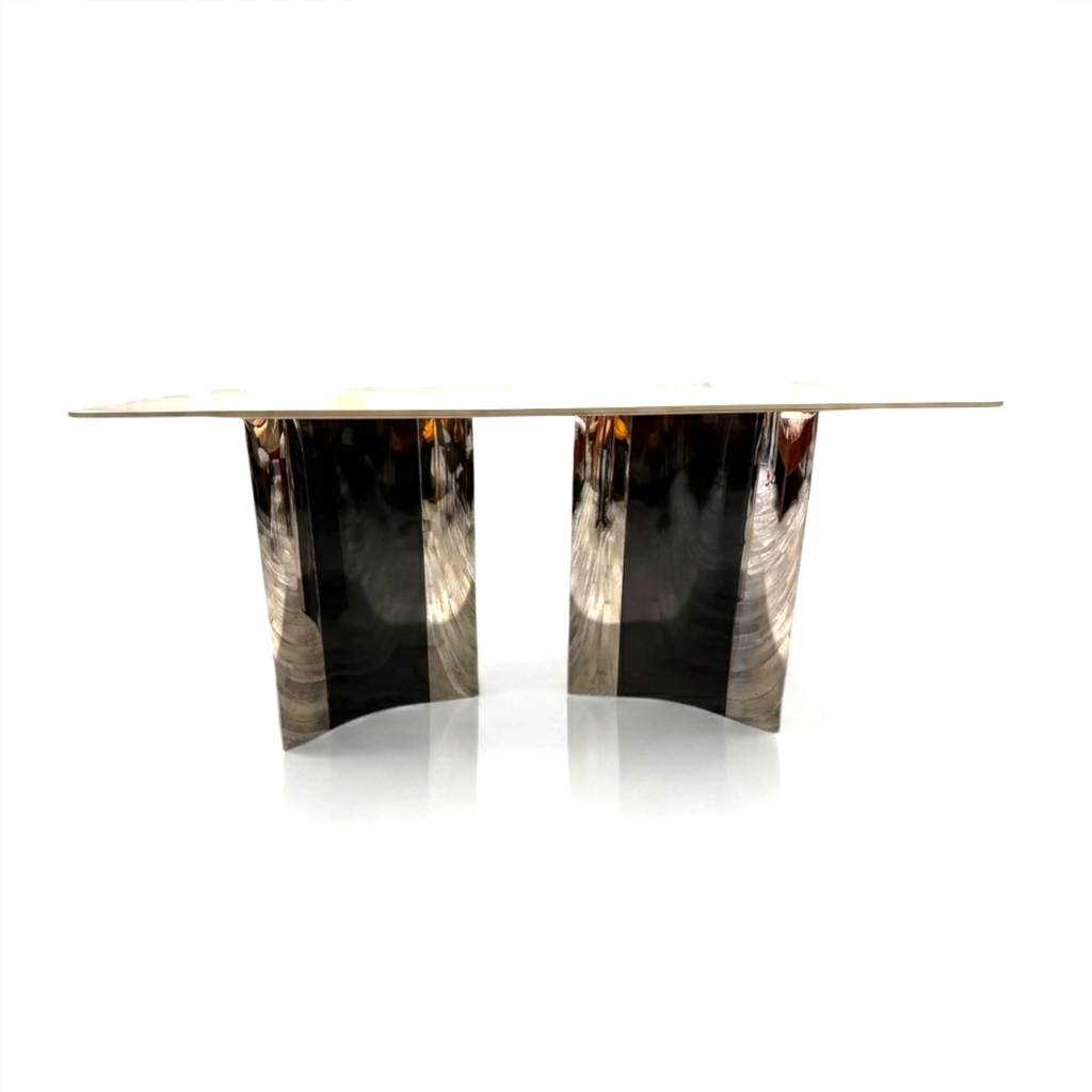 Urban dining table – tile top with polished chrome mild steel base – front studio view
