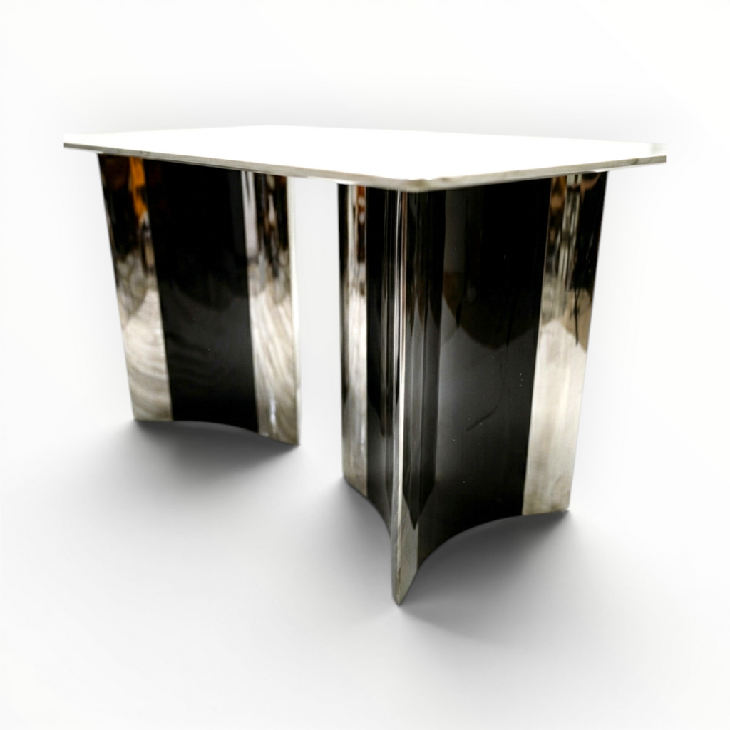 Urban dining table – tile top with sculptural chrome mild steel base – angled detail view