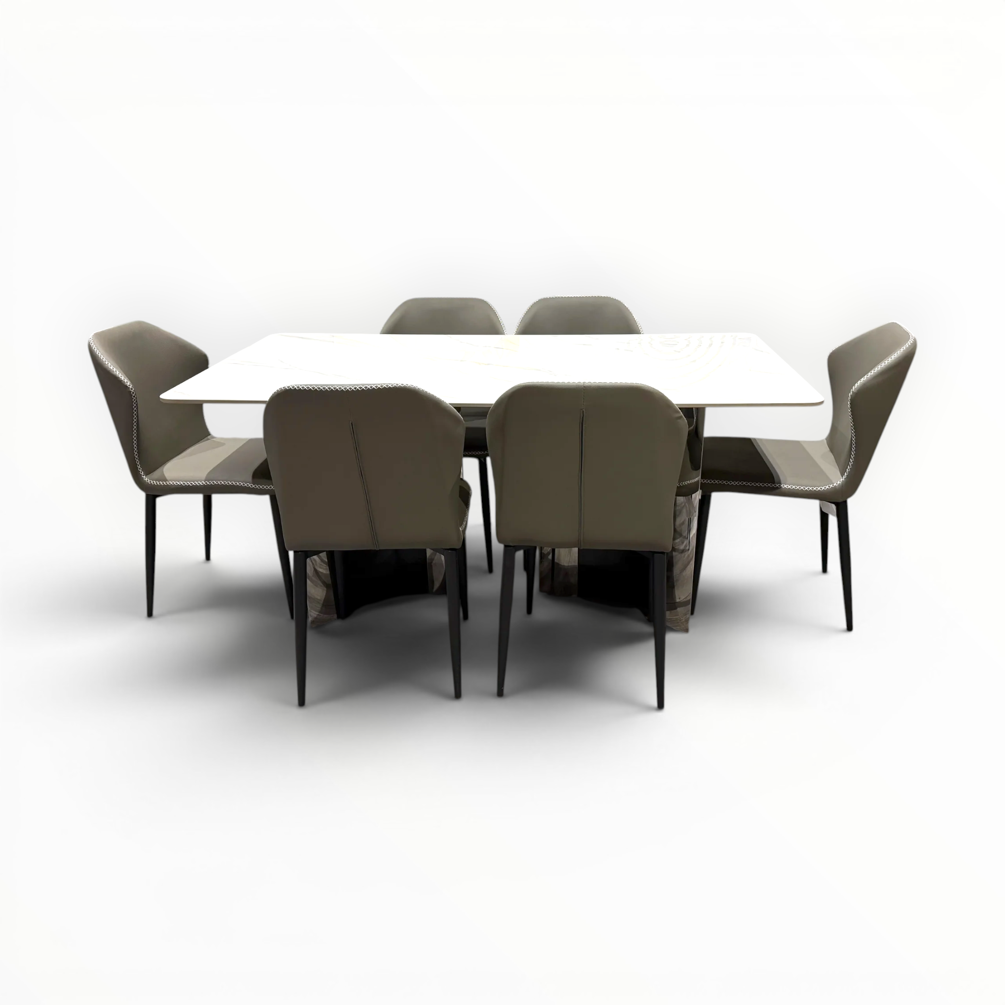 Urban 6-seater dining set – tile-top table with taupe leatherette chairs – front view