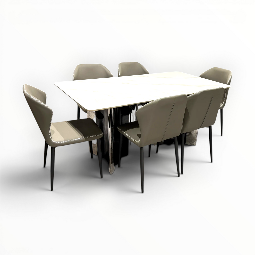 Urban dining set – top-down view showing marble-effect tile top and 6 taupe leatherette chairs