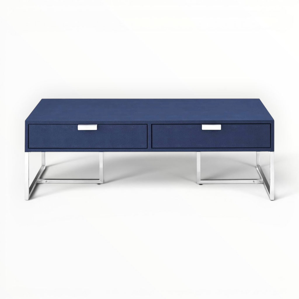 Blue coffee table with storage drawers on white background