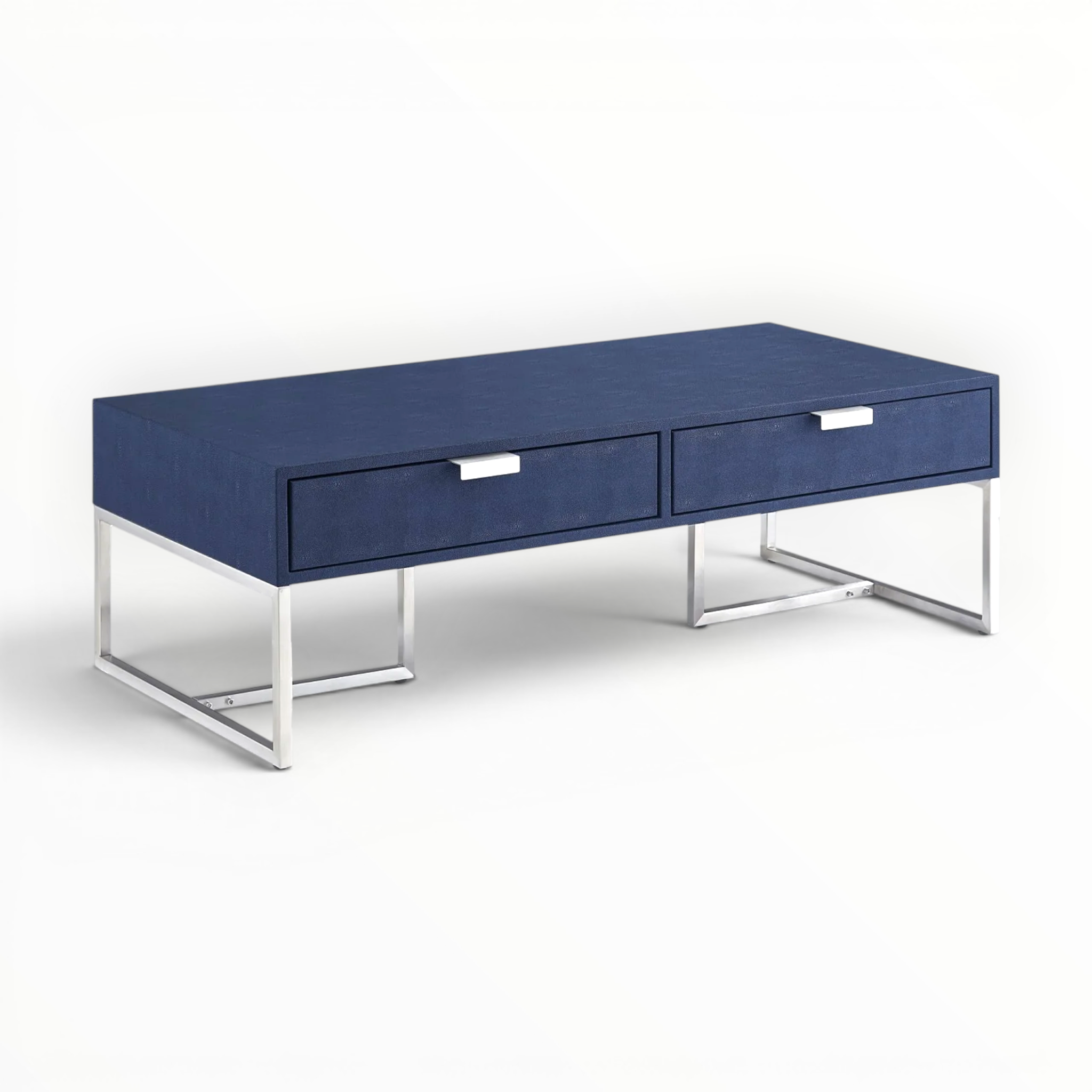 Blue coffee table with metal legs on a white background