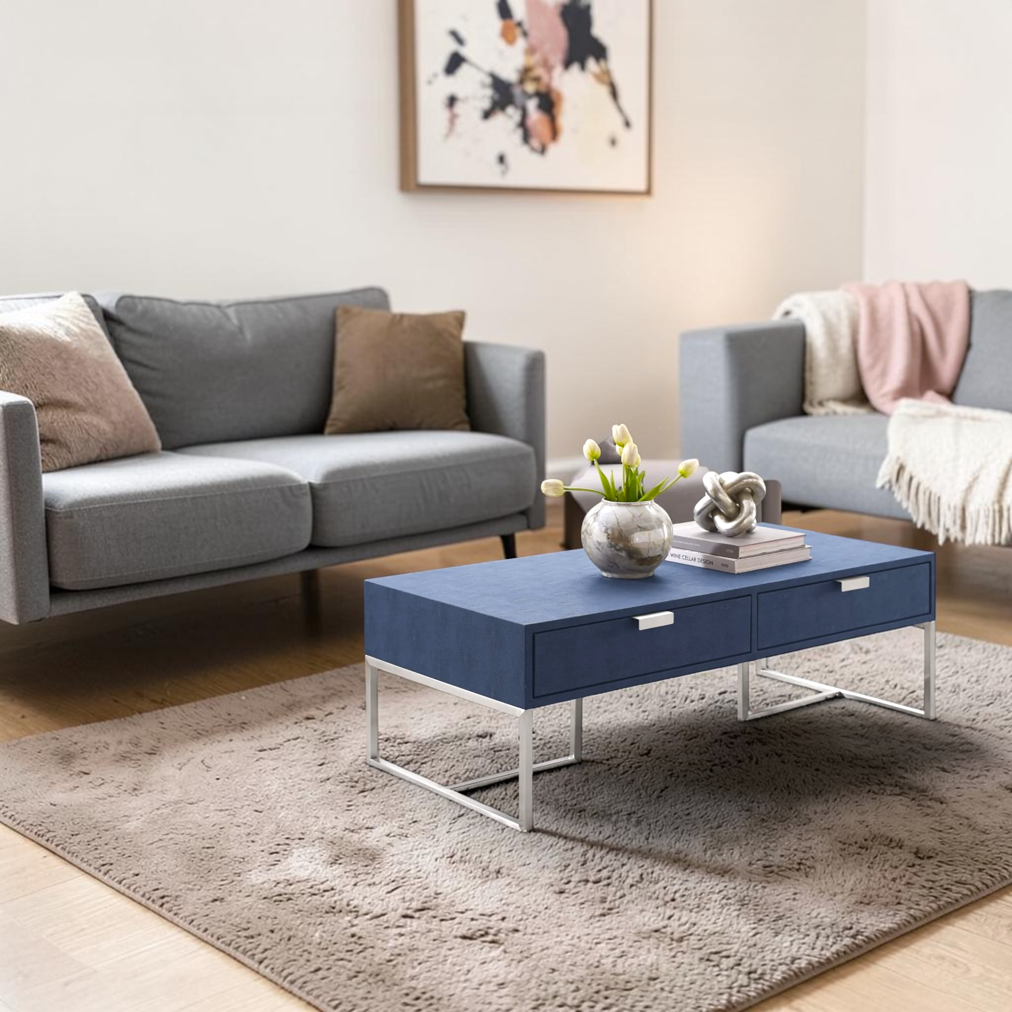 Blue coffee table with storage drawers in living room setup