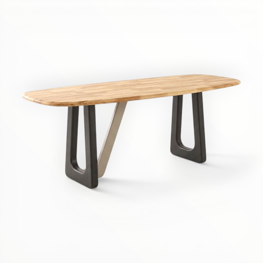 Wooden table with black metal legs on a white background