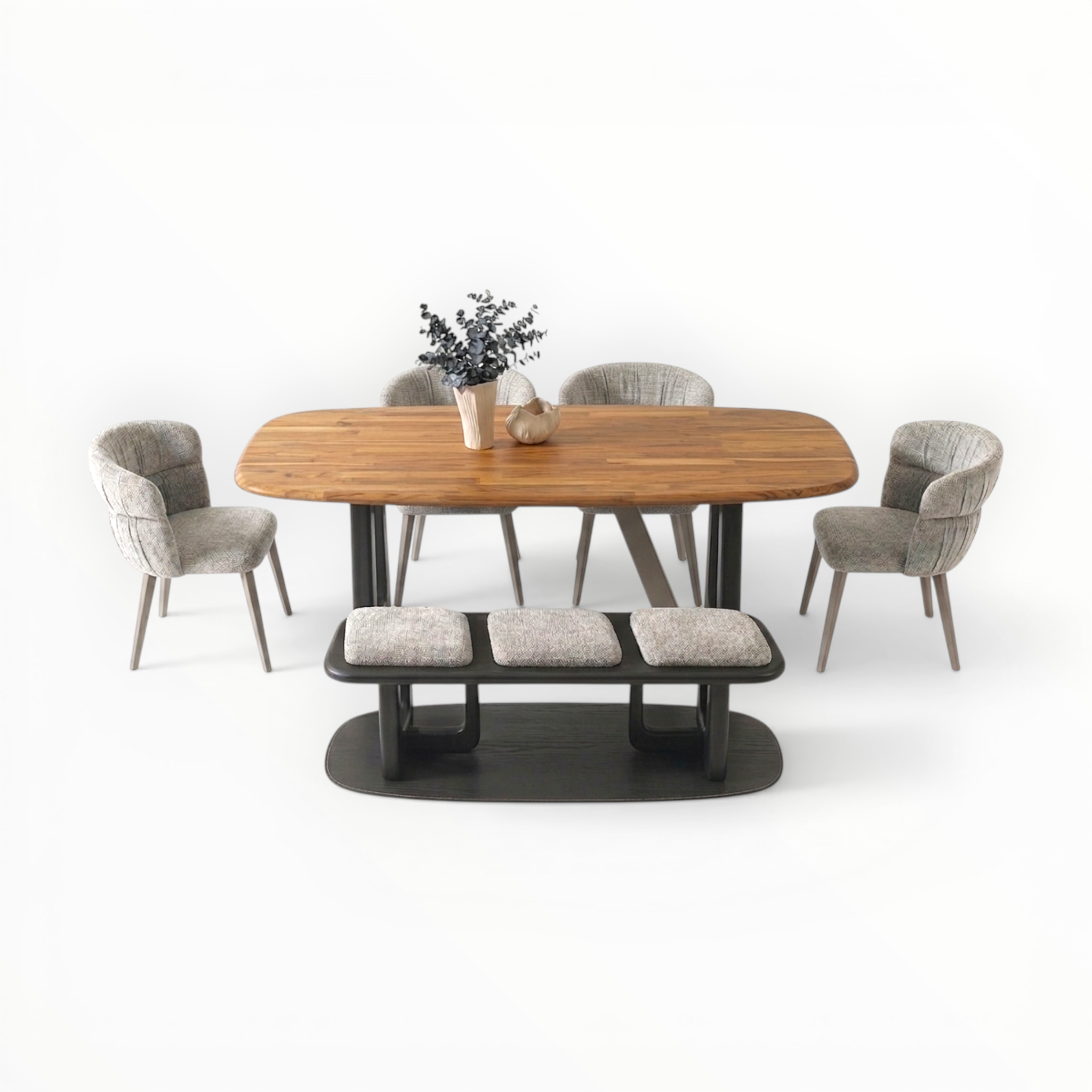 Dining set with wooden table and four chairs on a white background
