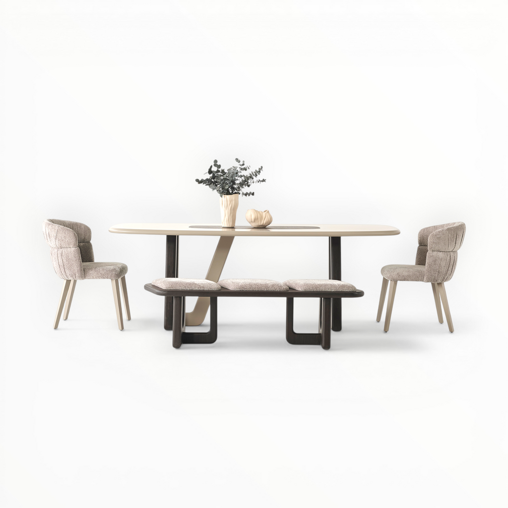Dining set with table, bench, and chairs on a white background