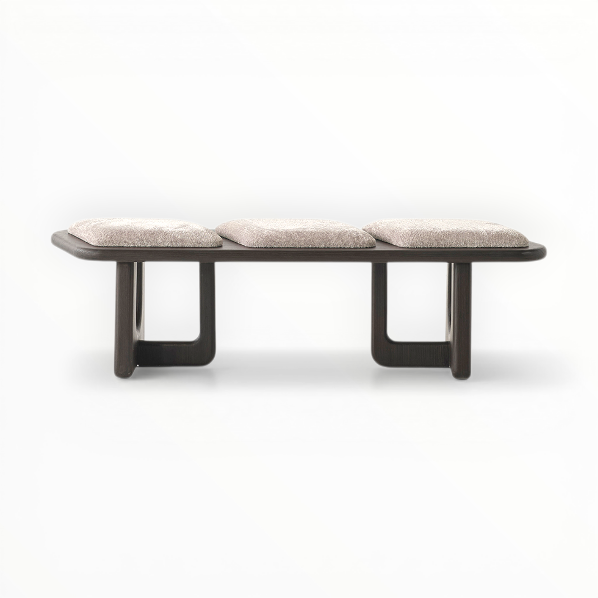 Modern bench with three cushioned seats on a white background