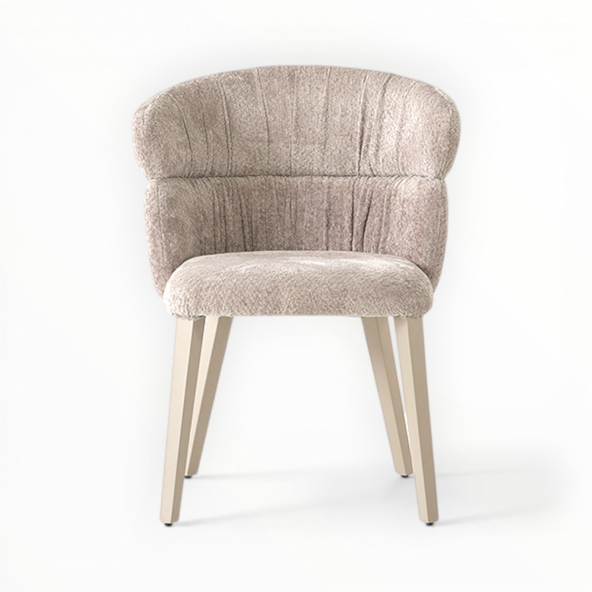 Beige upholstered chair with wooden legs on a white background
