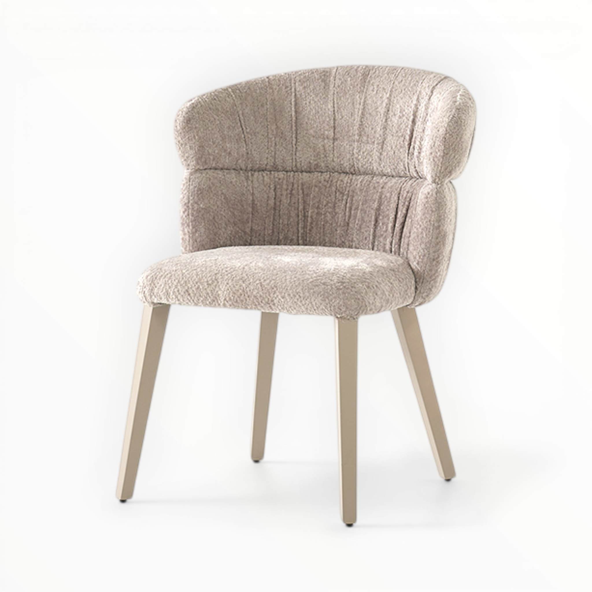 Beige upholstered chair with wooden legs on a white background