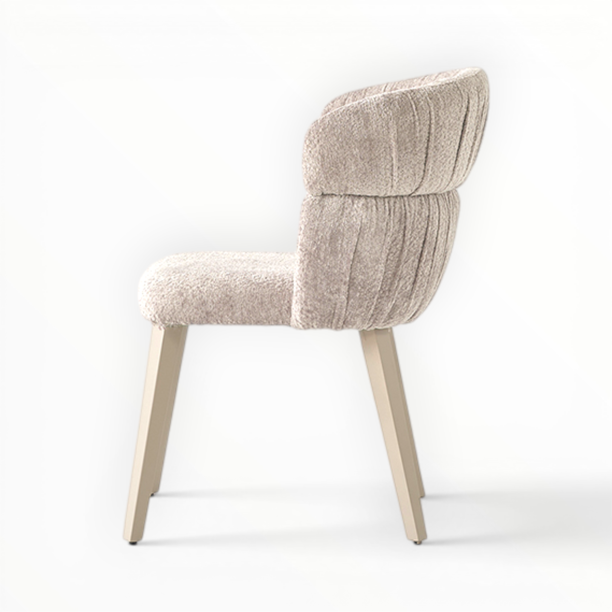 Beige upholstered chair with wooden legs on a white background