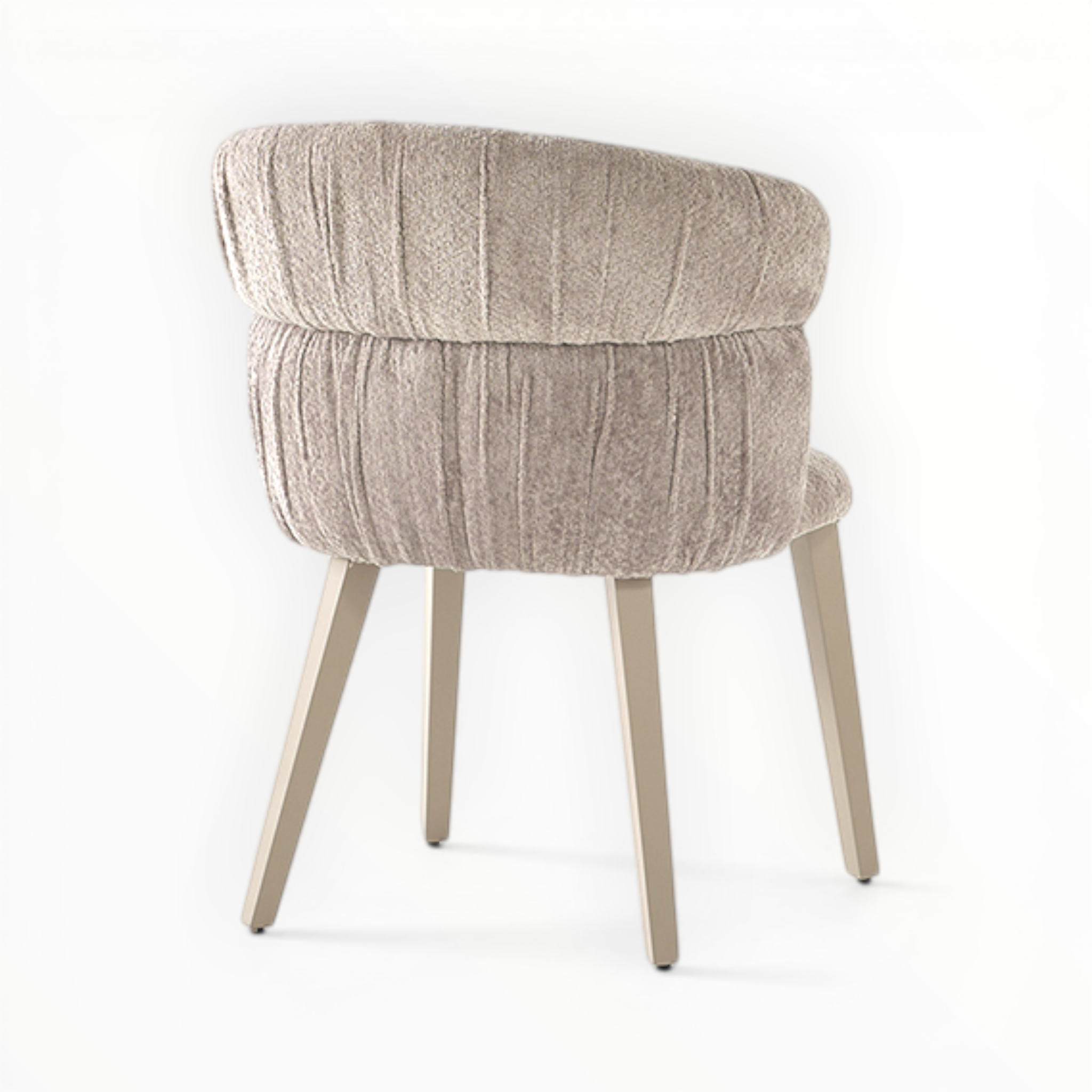 Beige upholstered chair with wooden legs on a white background