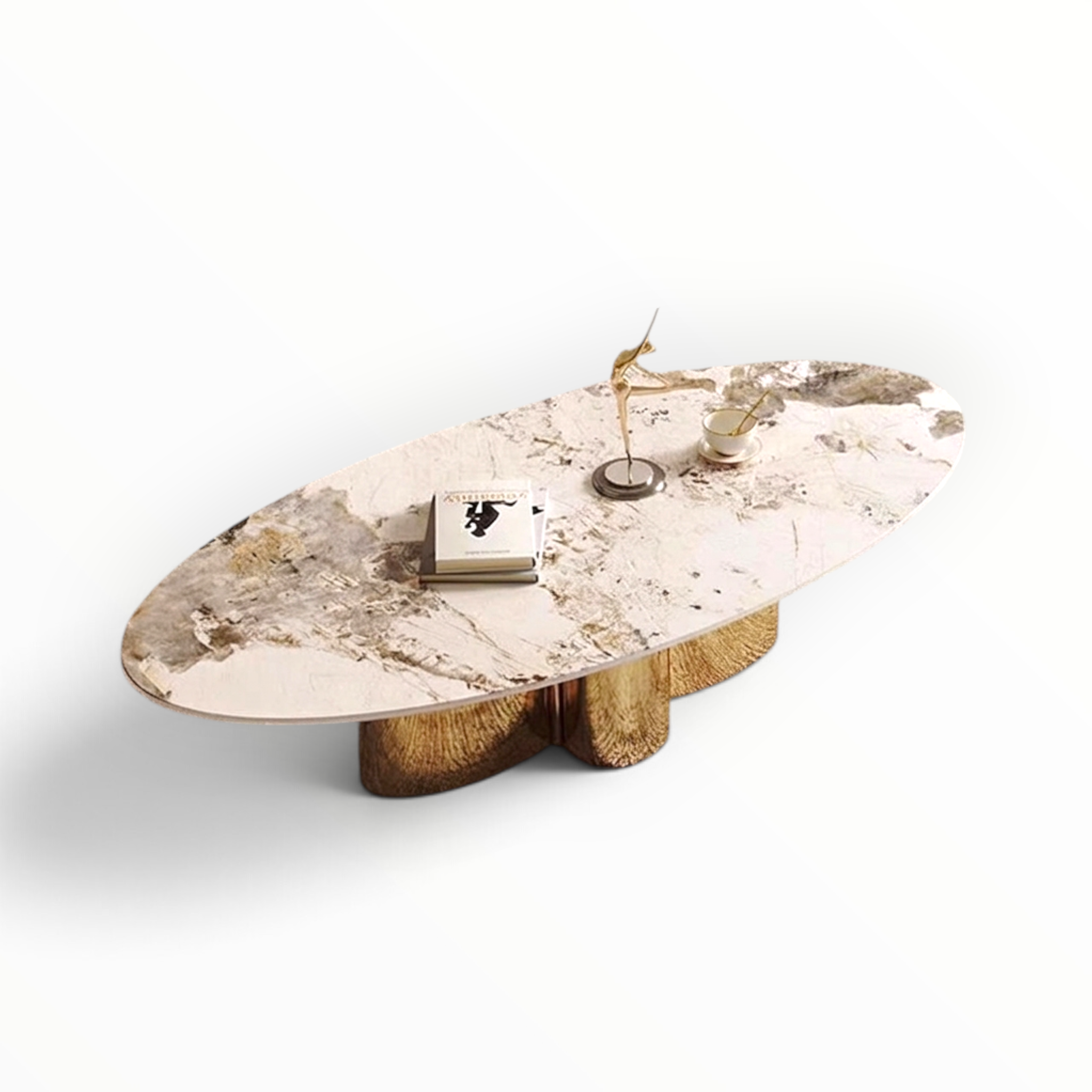 Verona oval faux marble coffee table top view with gold cylinder cluster base styled with books and figurine – Woodkraft Studio Hyderabad