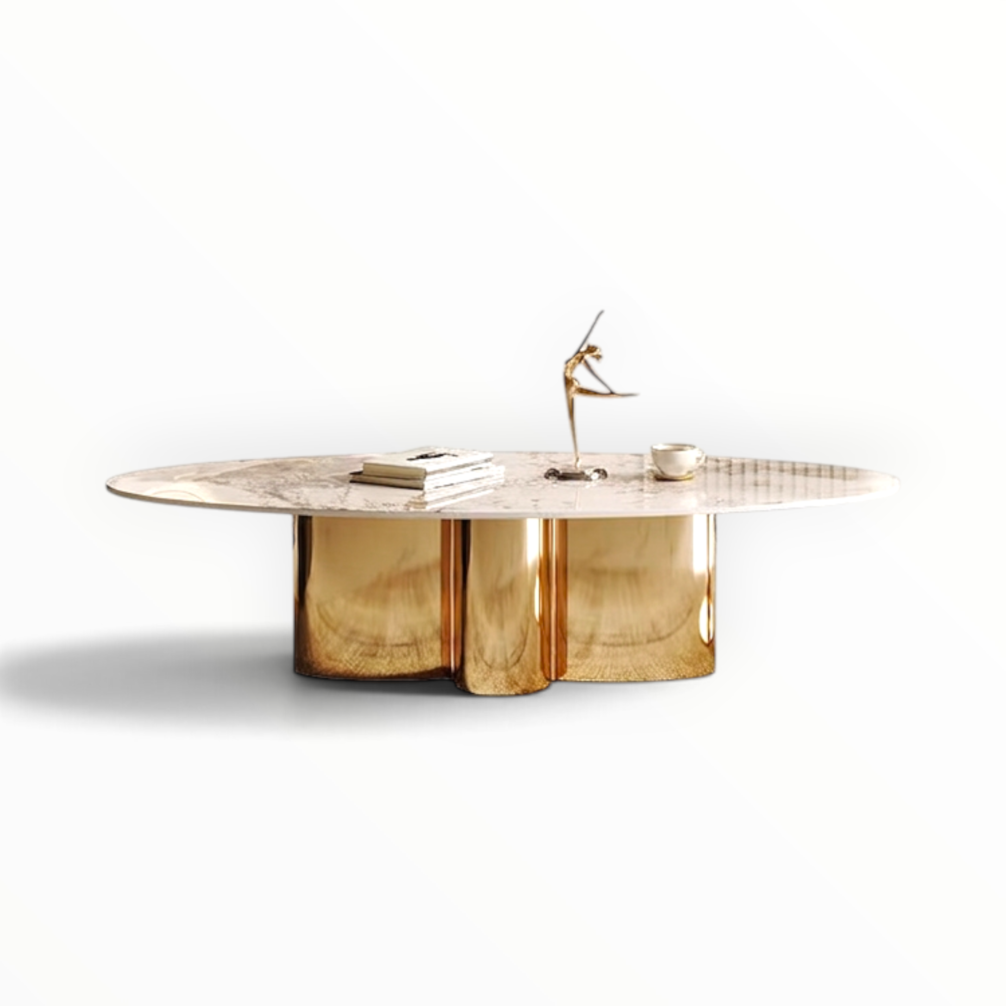 Verona oval faux marble coffee table front view showing mirror-polished gold multi-cylinder mild steel base – Woodkraft Studio