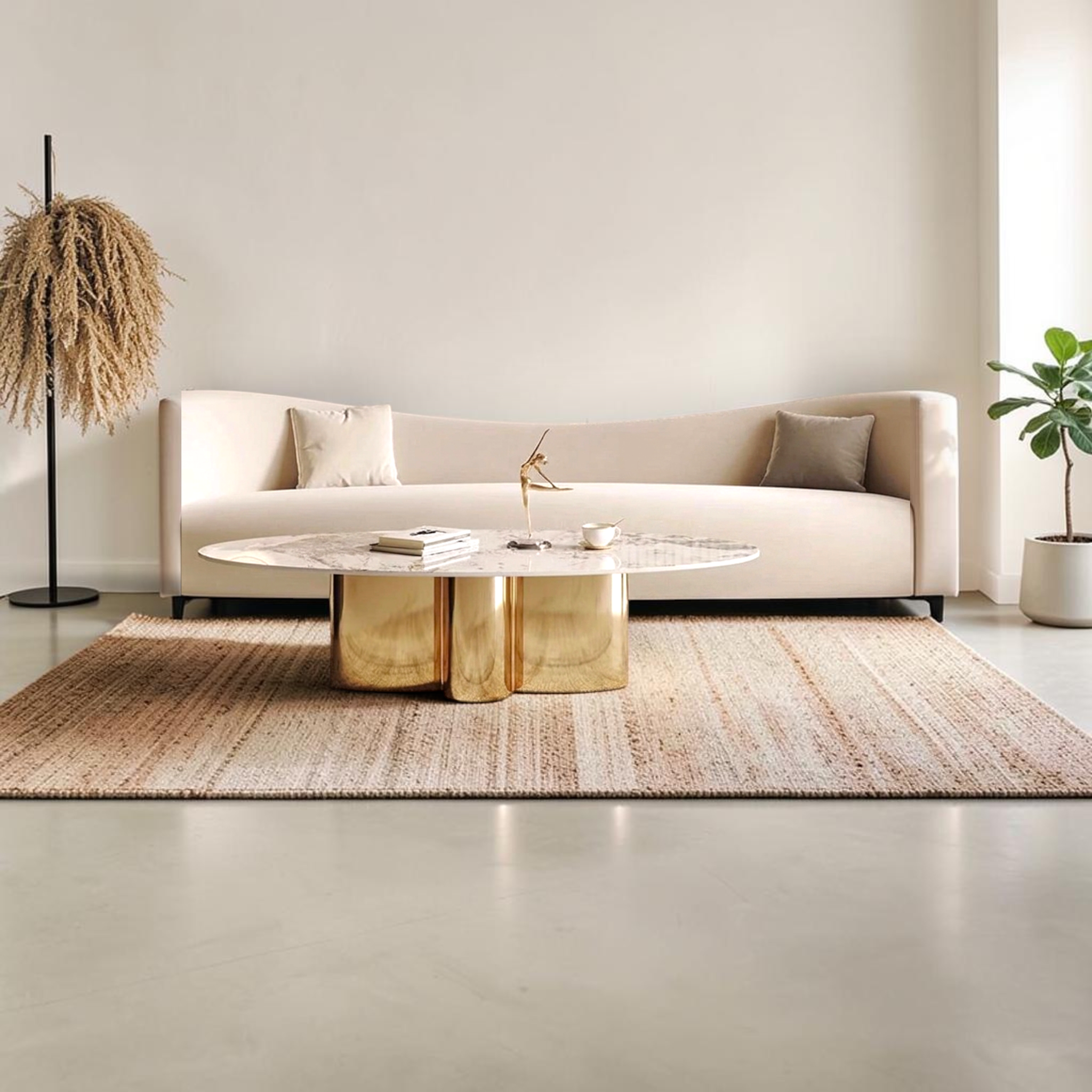 Verona oval marble top gold cylinder base coffee table styled in modern living room with cream sofa and jute rug – Woodkraft Studio Hyderabad