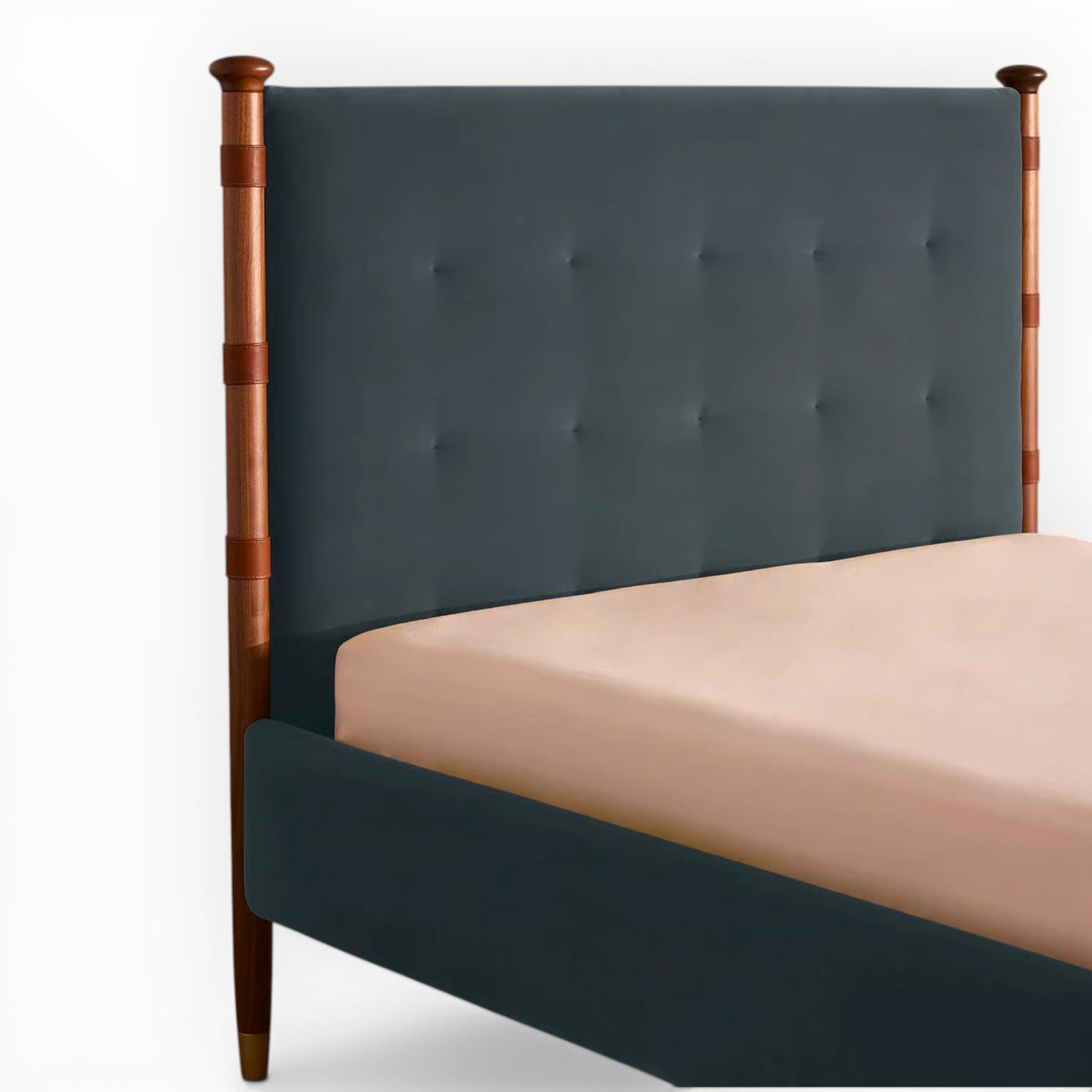 Dark gray upholstered bed with wooden headboard and beige mattress on a white background