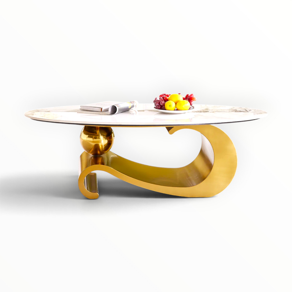 Vogue oval faux marble coffee table with gold S-curve mild steel base – side view – Woodkraft Studio Hyderabad