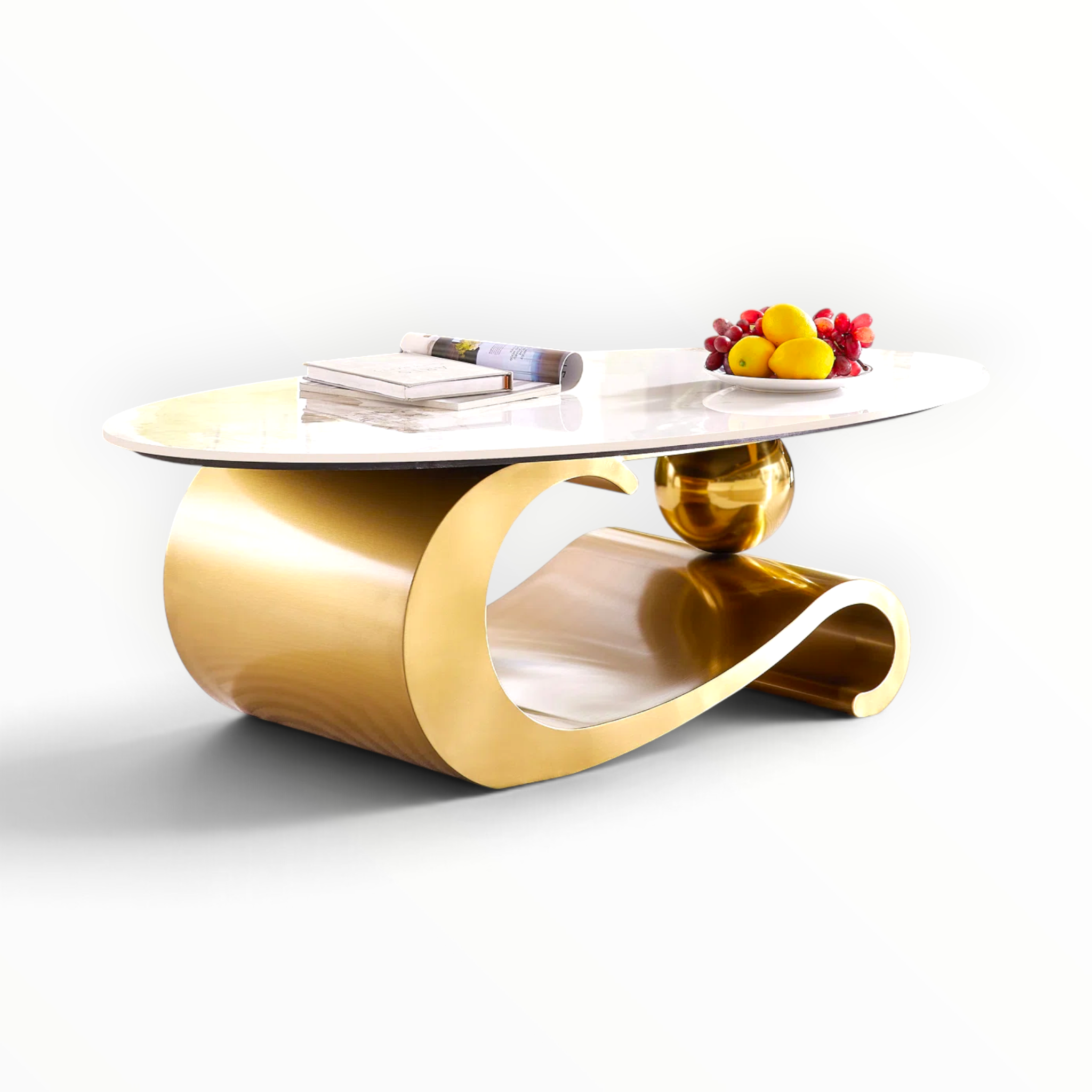 Vogue coffee table angled view showing brushed gold base with polished sphere accent and white marble top – Woodkraft Studio