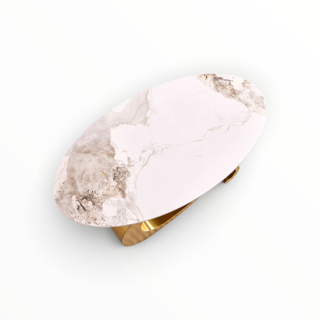 Vogue oval faux marble coffee table top view showing white and brown veining pattern – Woodkraft Studio Hyderabad