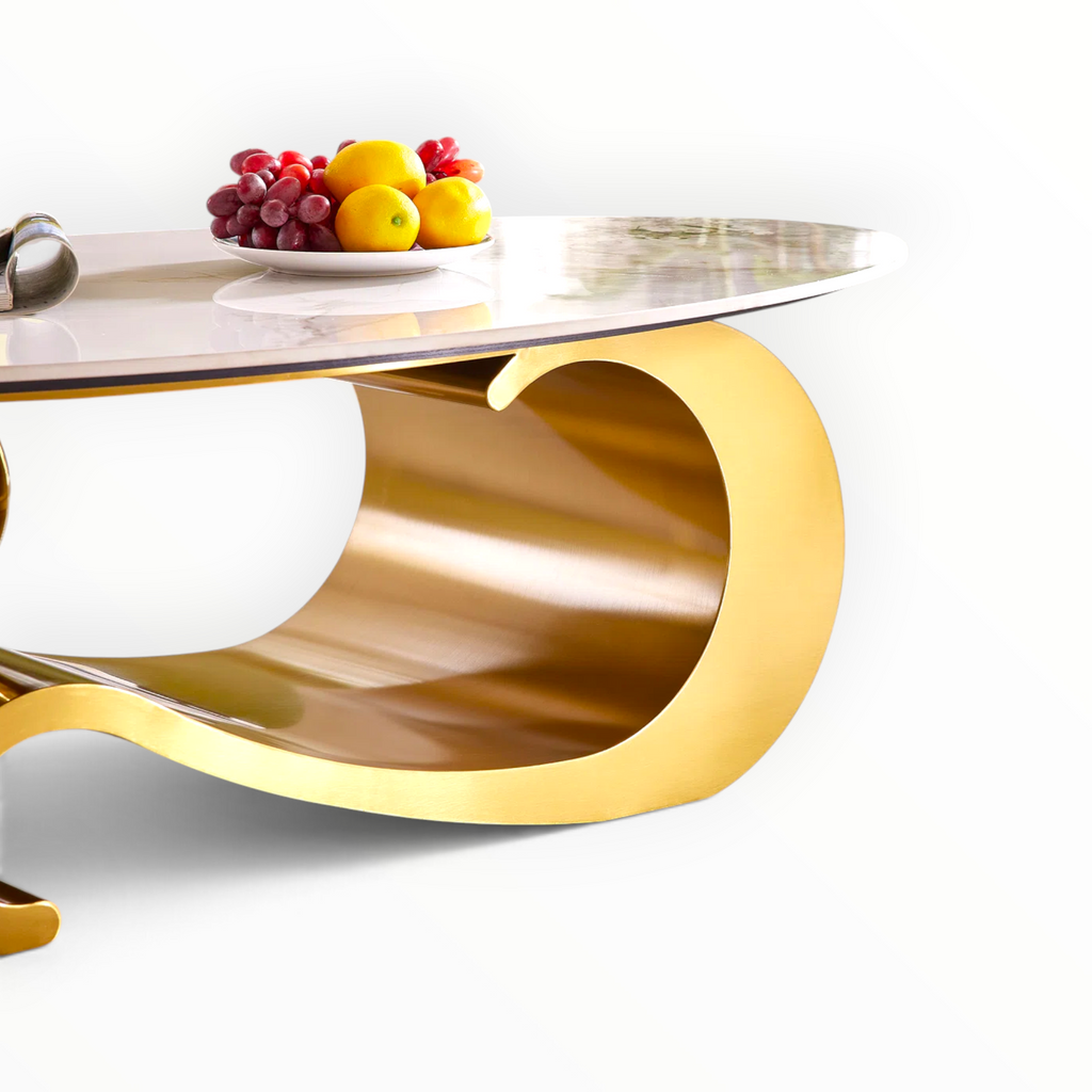 Vogue coffee table close-up of sculptural gold S-curve mild steel base with curl and sphere detail – Woodkraft Studio