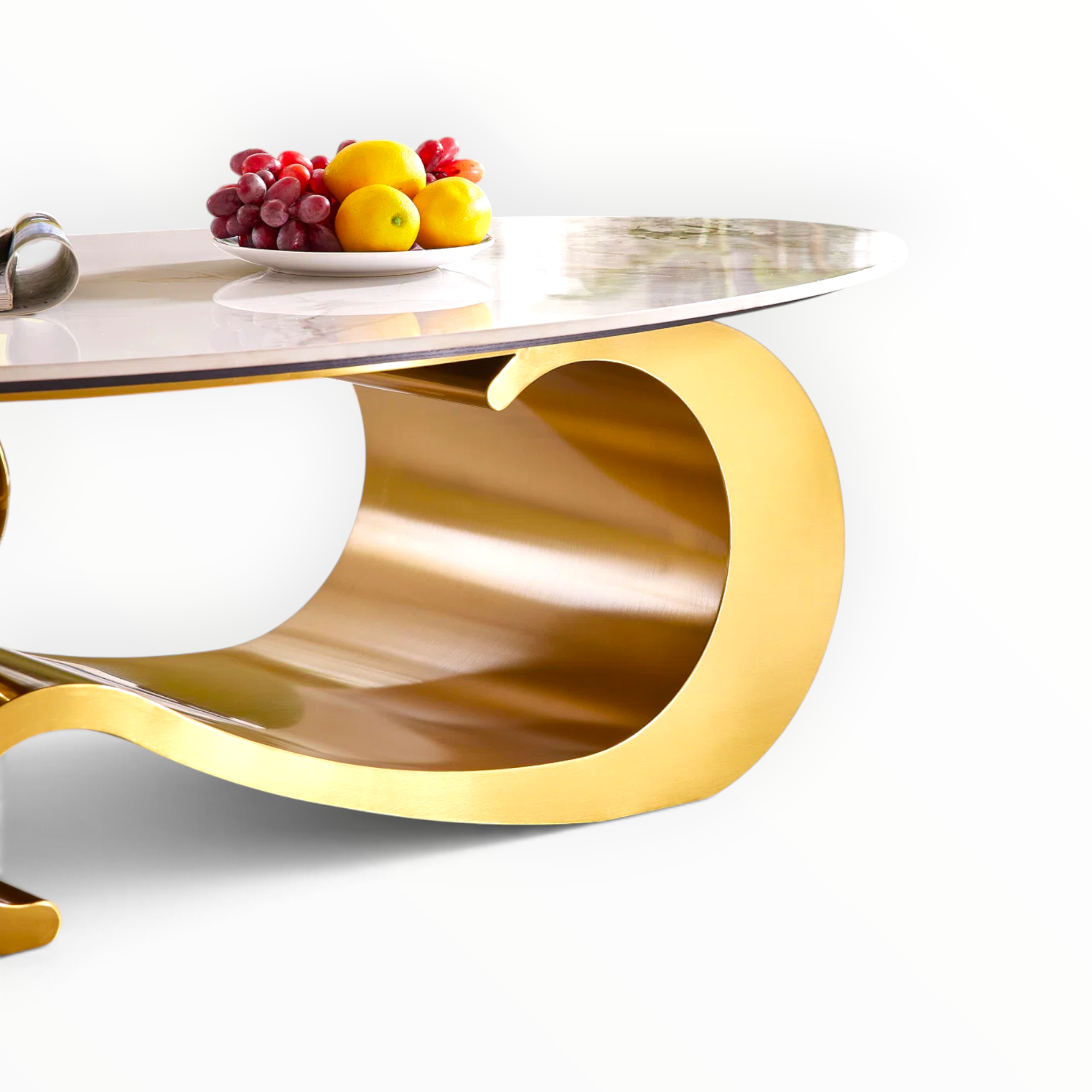 Vogue coffee table close-up of sculptural gold S-curve mild steel base with curl and sphere detail – Woodkraft Studio