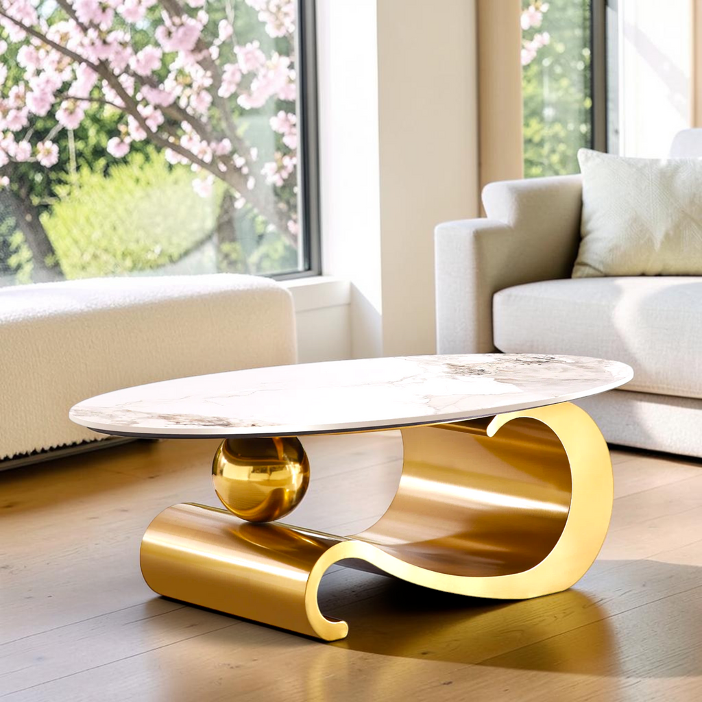 Vogue oval marble top gold base coffee table styled in modern luxury living room – Woodkraft Studio Hyderabad
