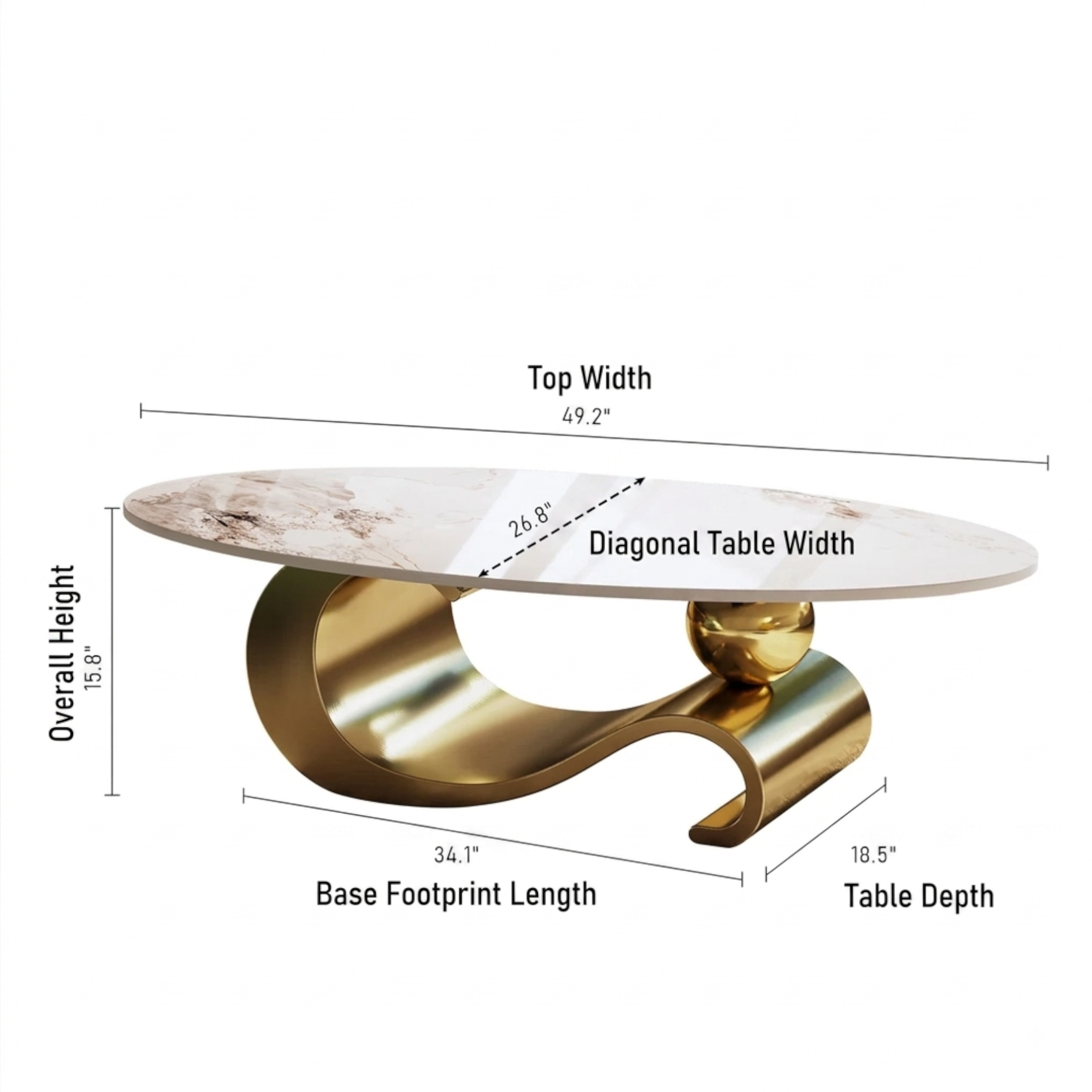 Vogue coffee table dimensions – 49.2 inch wide oval faux marble top 15.8 inch height gold mild steel base – Woodkraft Studio