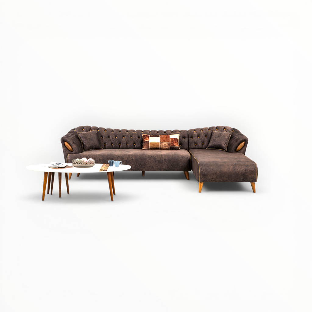 Brown sectional sofa with a coffee table on a white background