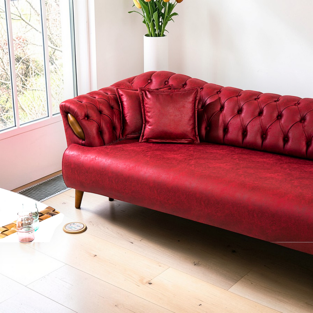 Red leather sofa in a living room with a window and plant in the background