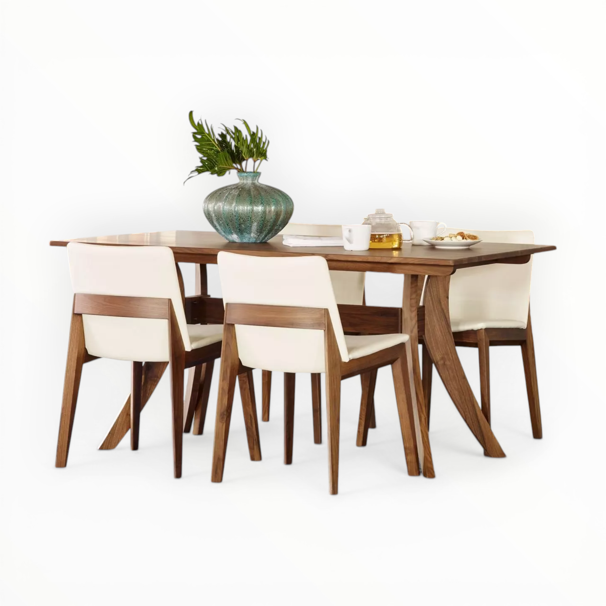 Dining table set with wooden chairs and a vase on a white background