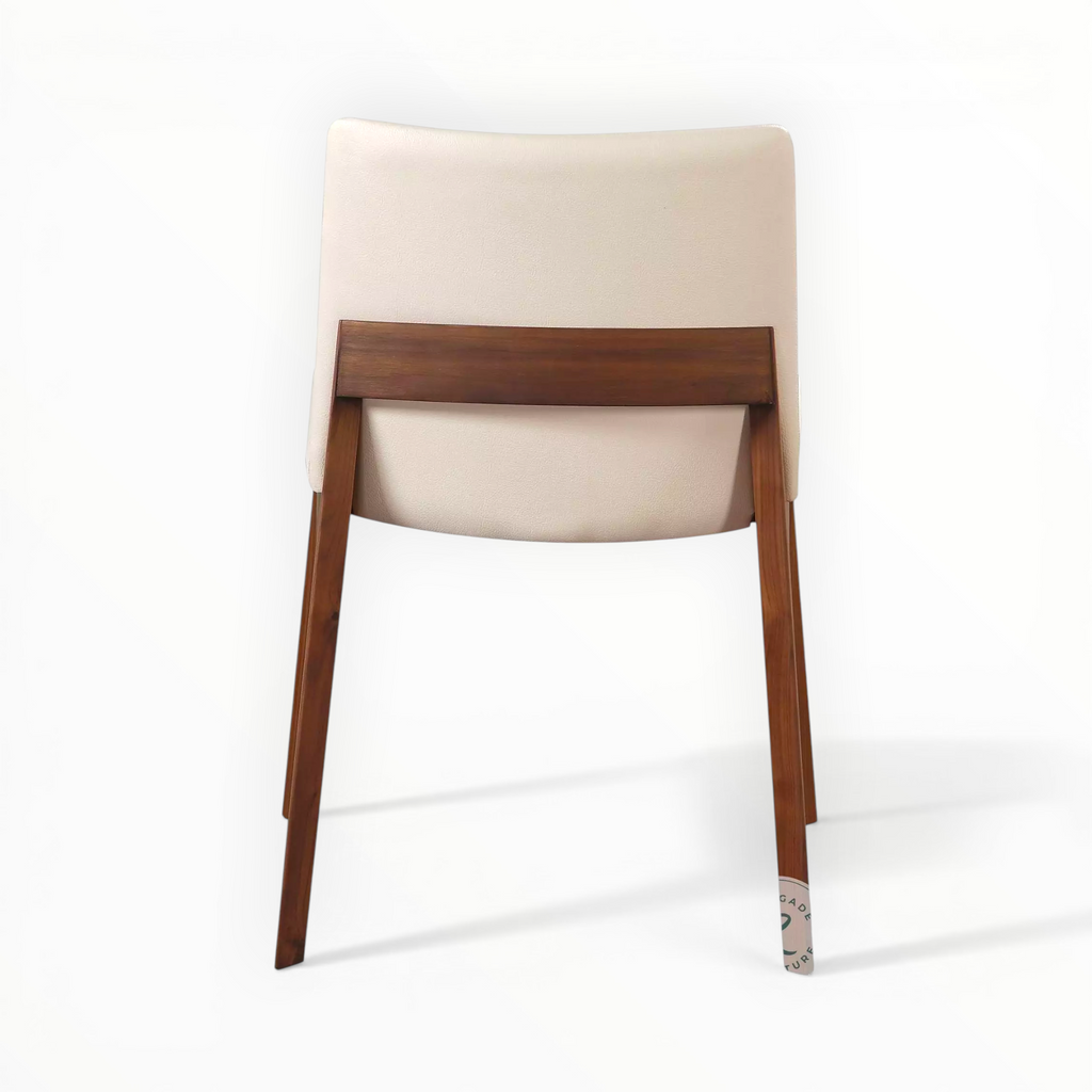 Chair with wooden frame and beige cushion on a white background