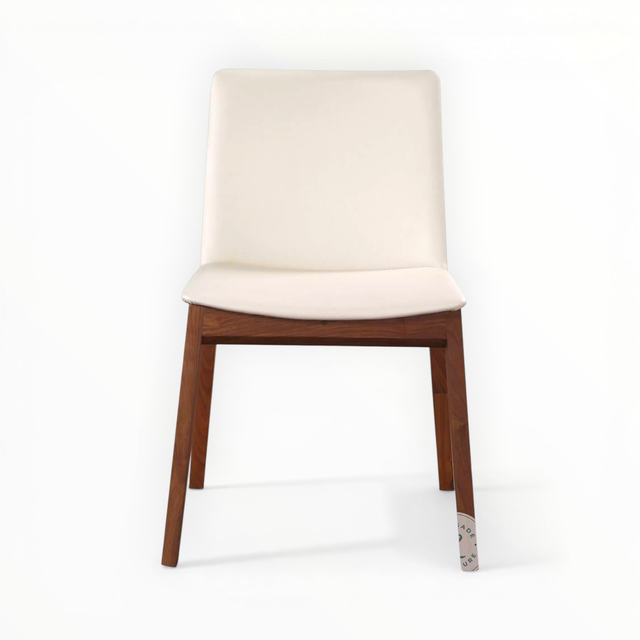 Chair with white cushioned seat and wooden legs on a white background