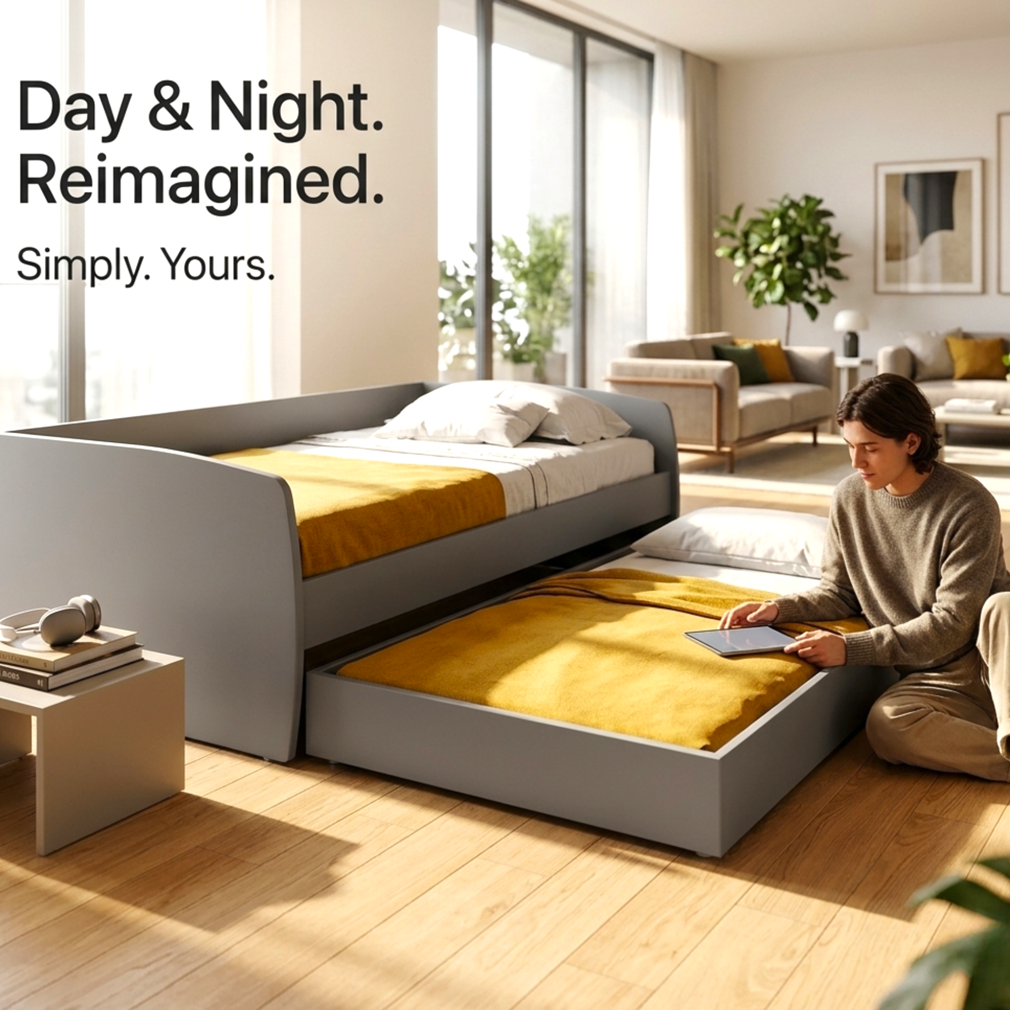 Person using a tablet on a modern bed with pull-out trundle in a bright room.