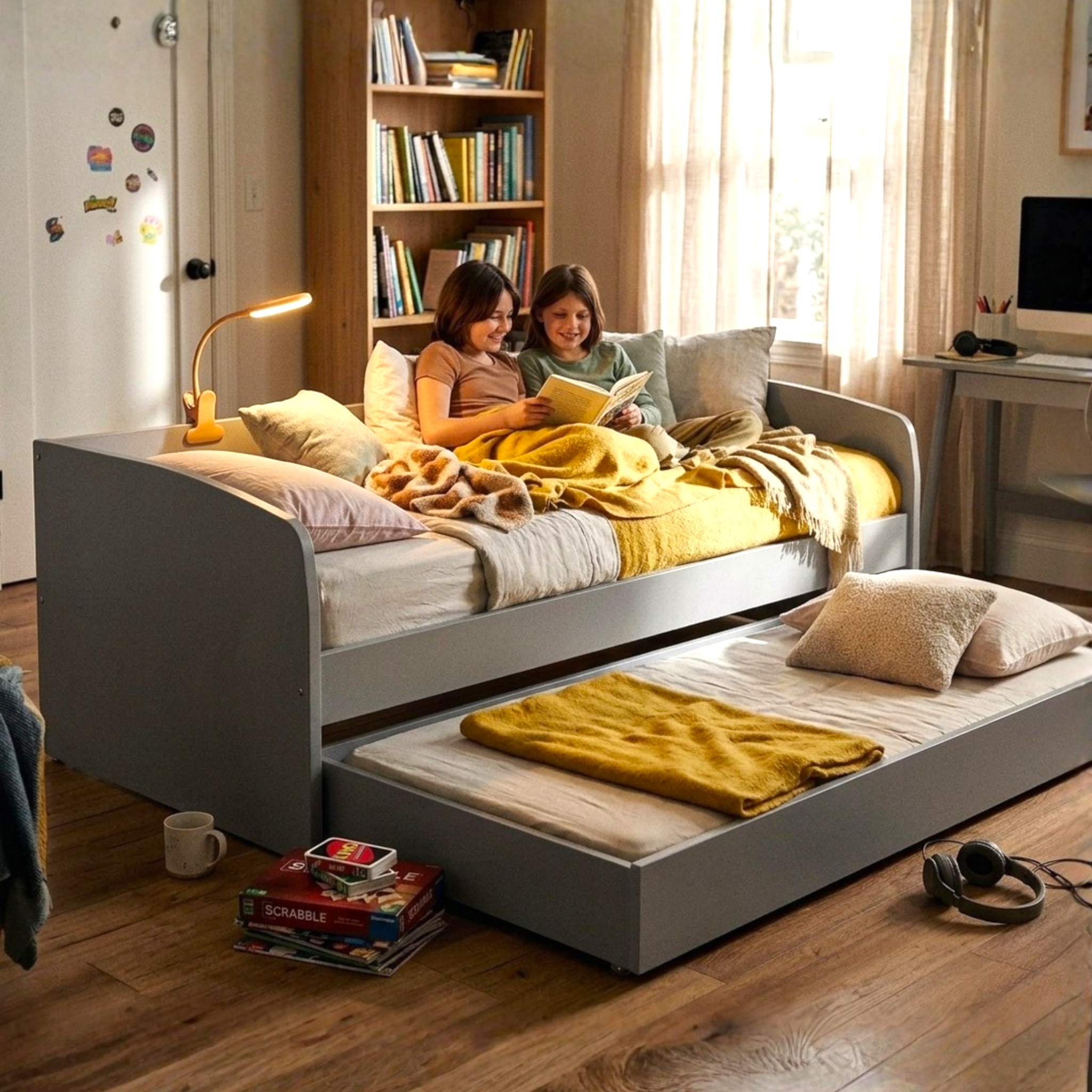 Two children reading on a bed with a yellow blanket in a cozy room.