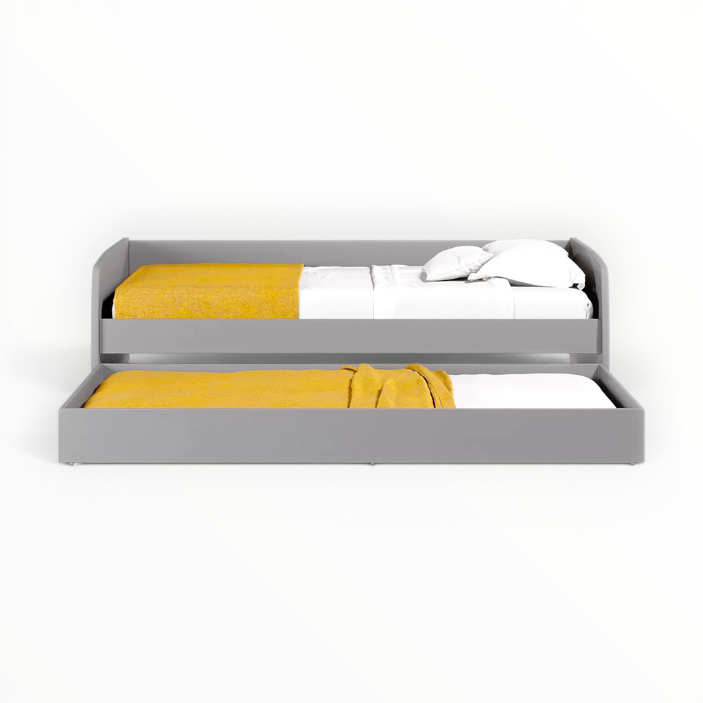 Gray bed frame with yellow and white bedding on a white background