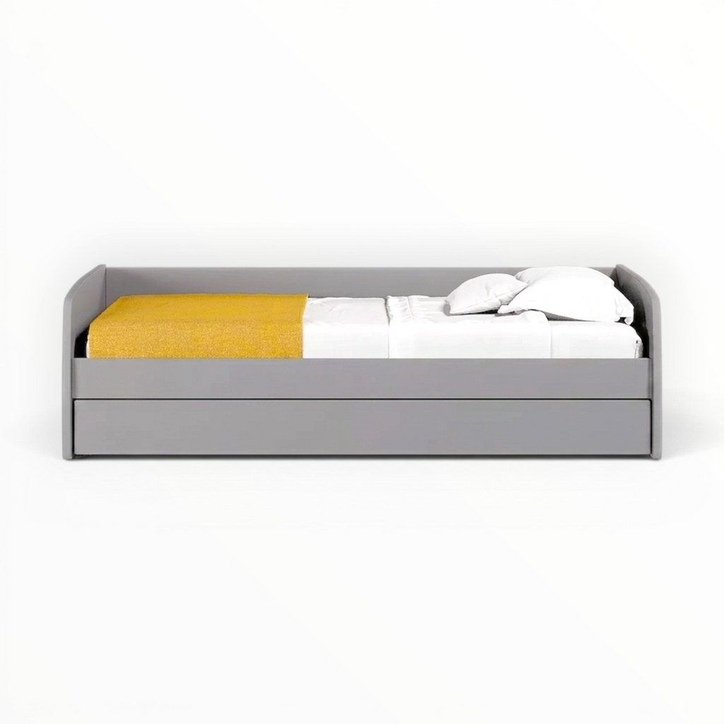 Gray bed with white bedding and a yellow blanket on a white background