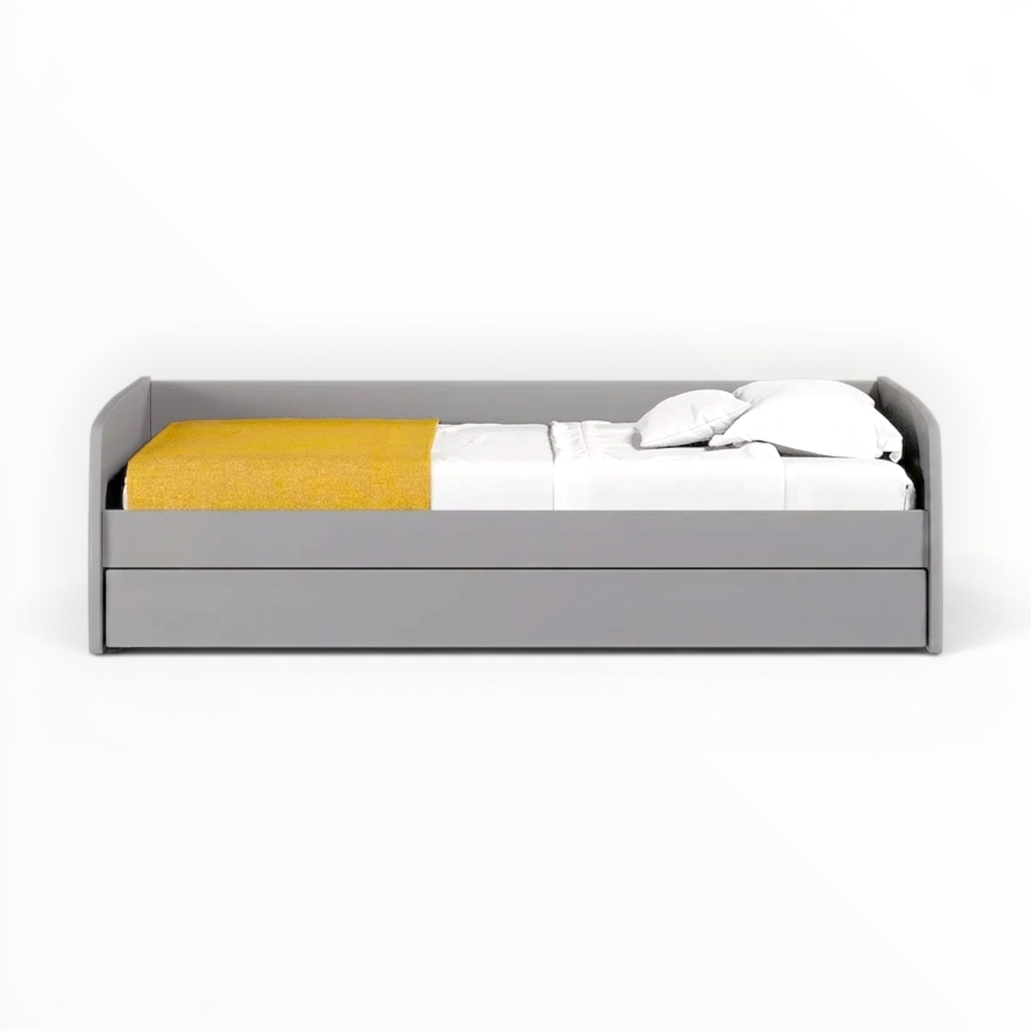 Gray bed with white bedding and a yellow blanket on a white background