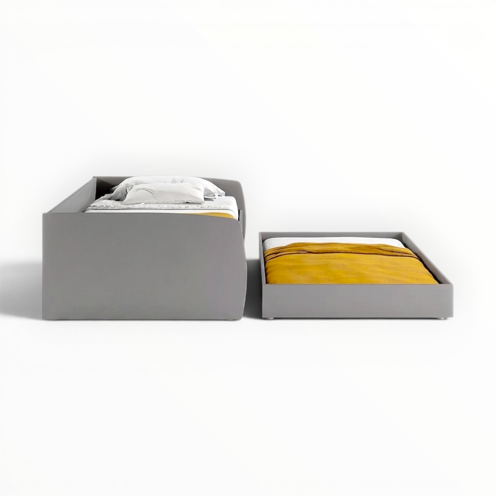 Gray storage bed with a smaller bed on top on a white background