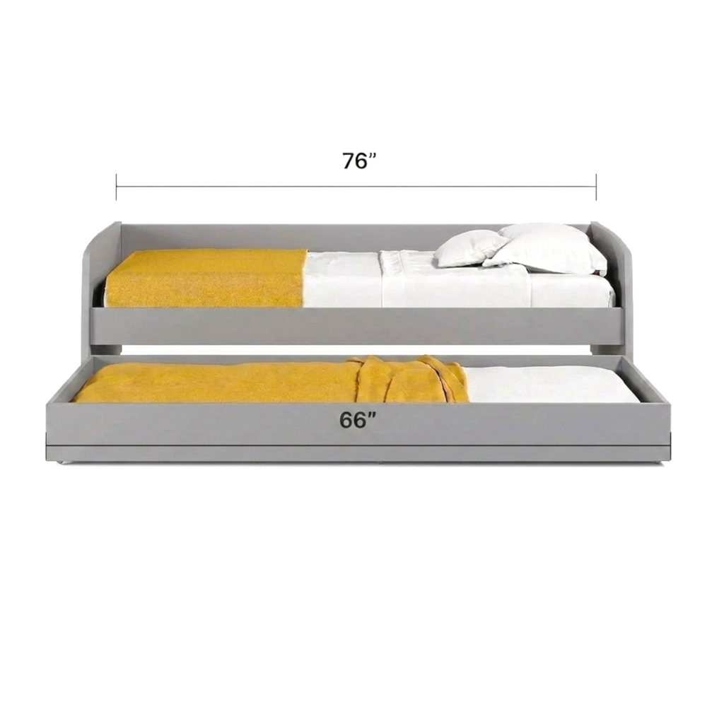 Gray bed with two mattresses, one yellow and one white, on a white background with measurements indicated.