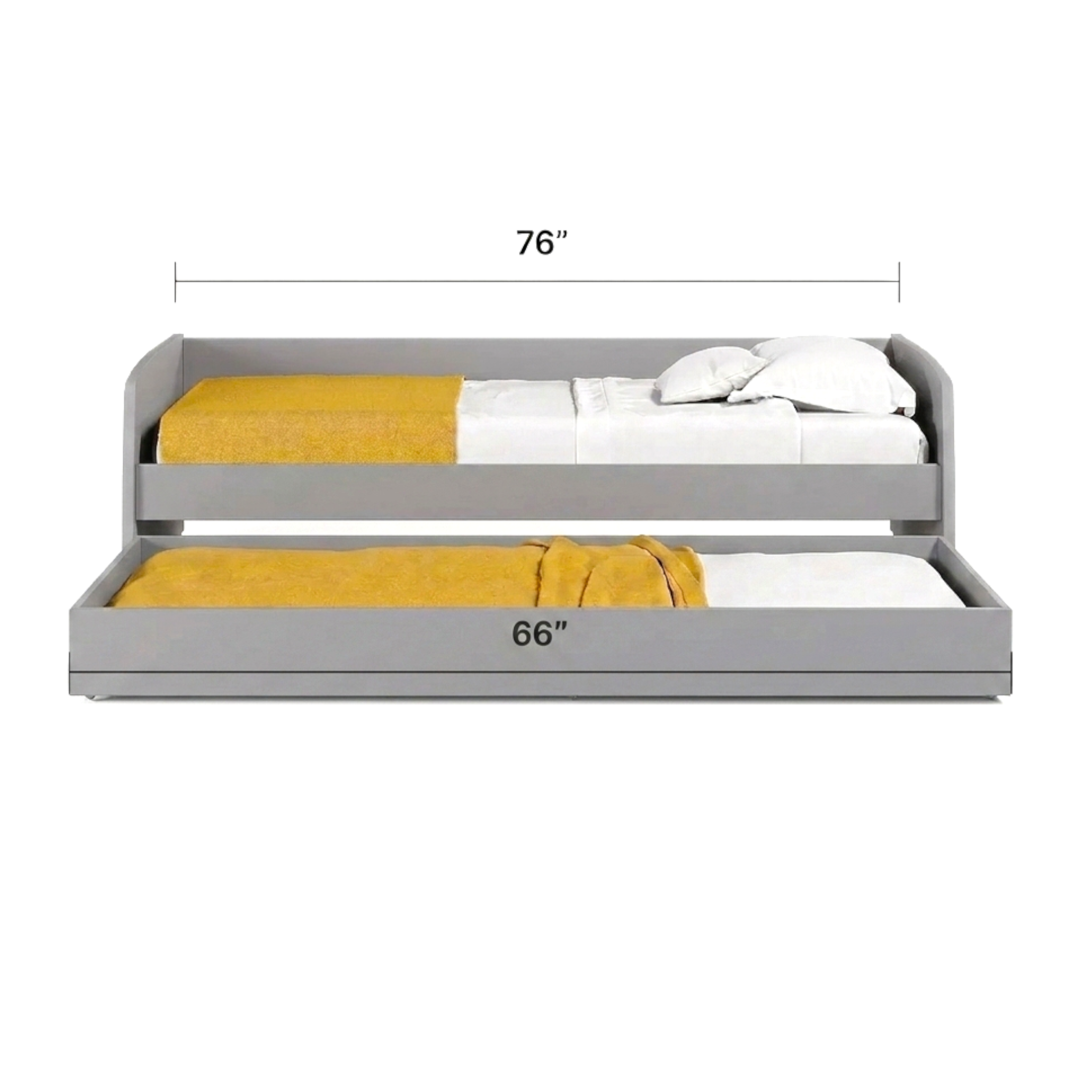 Gray bed with two mattresses, one yellow and one white, on a white background with measurements indicated.