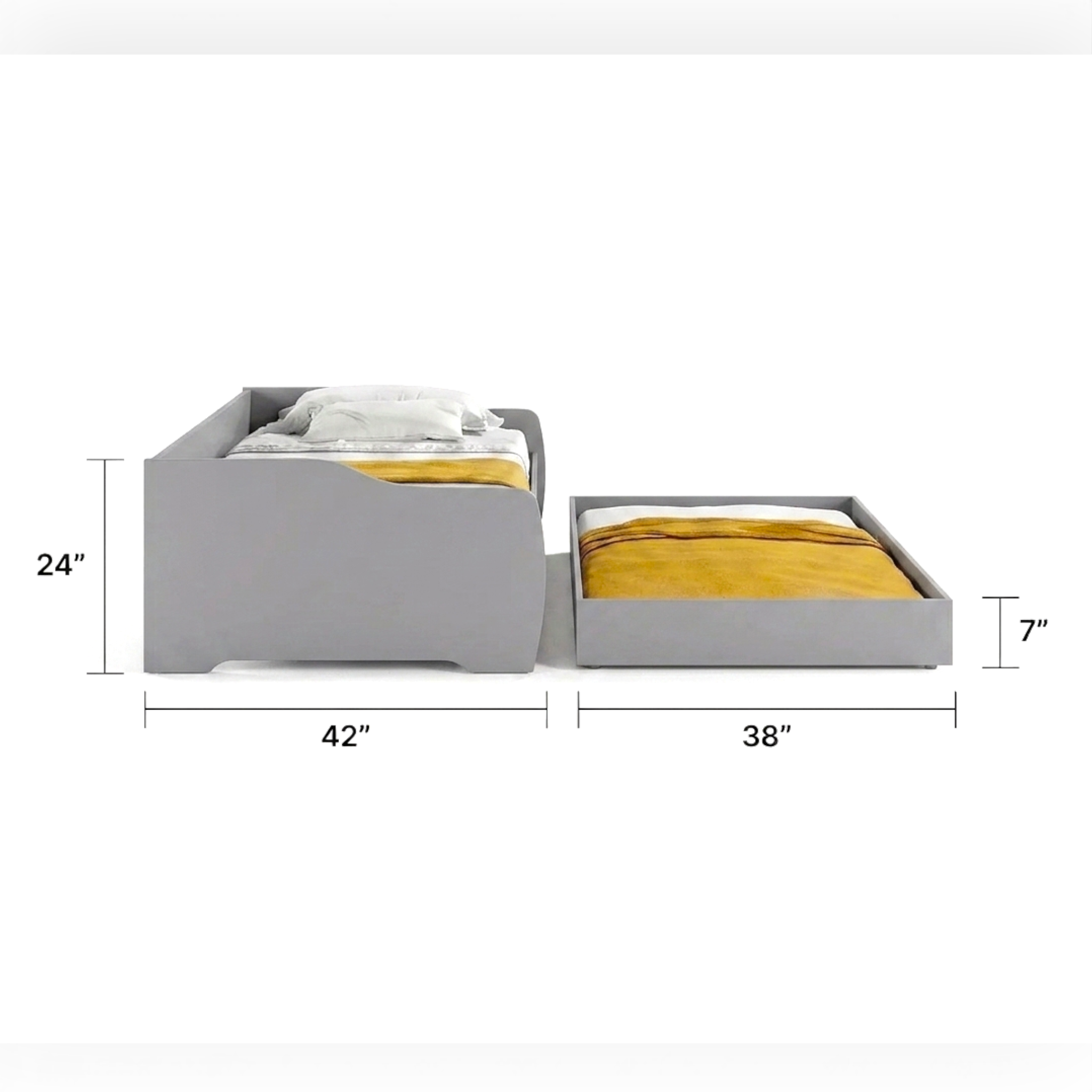 Gray storage ottoman with dimensions labeled on a white background
