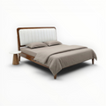 Bed with wooden frame and beige bedding on a white background