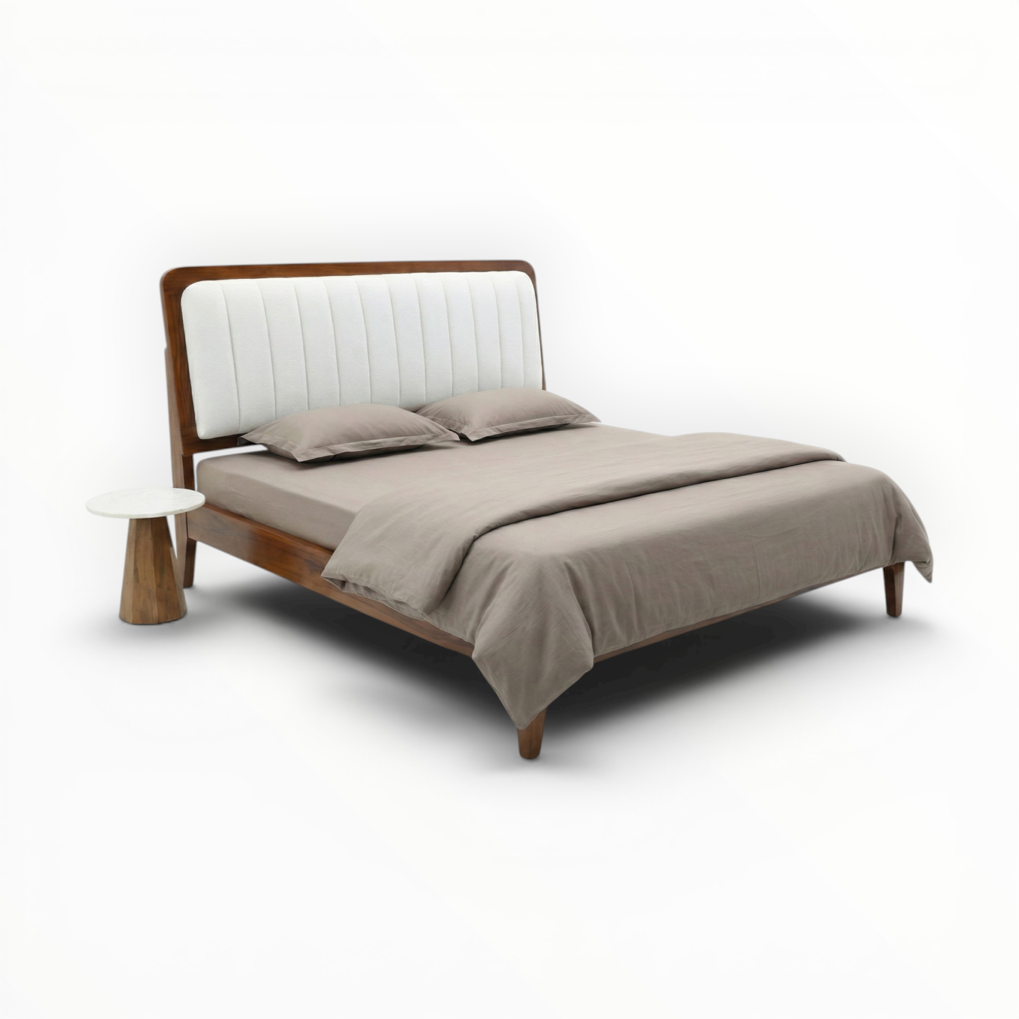 Bed with wooden frame and beige bedding on a white background