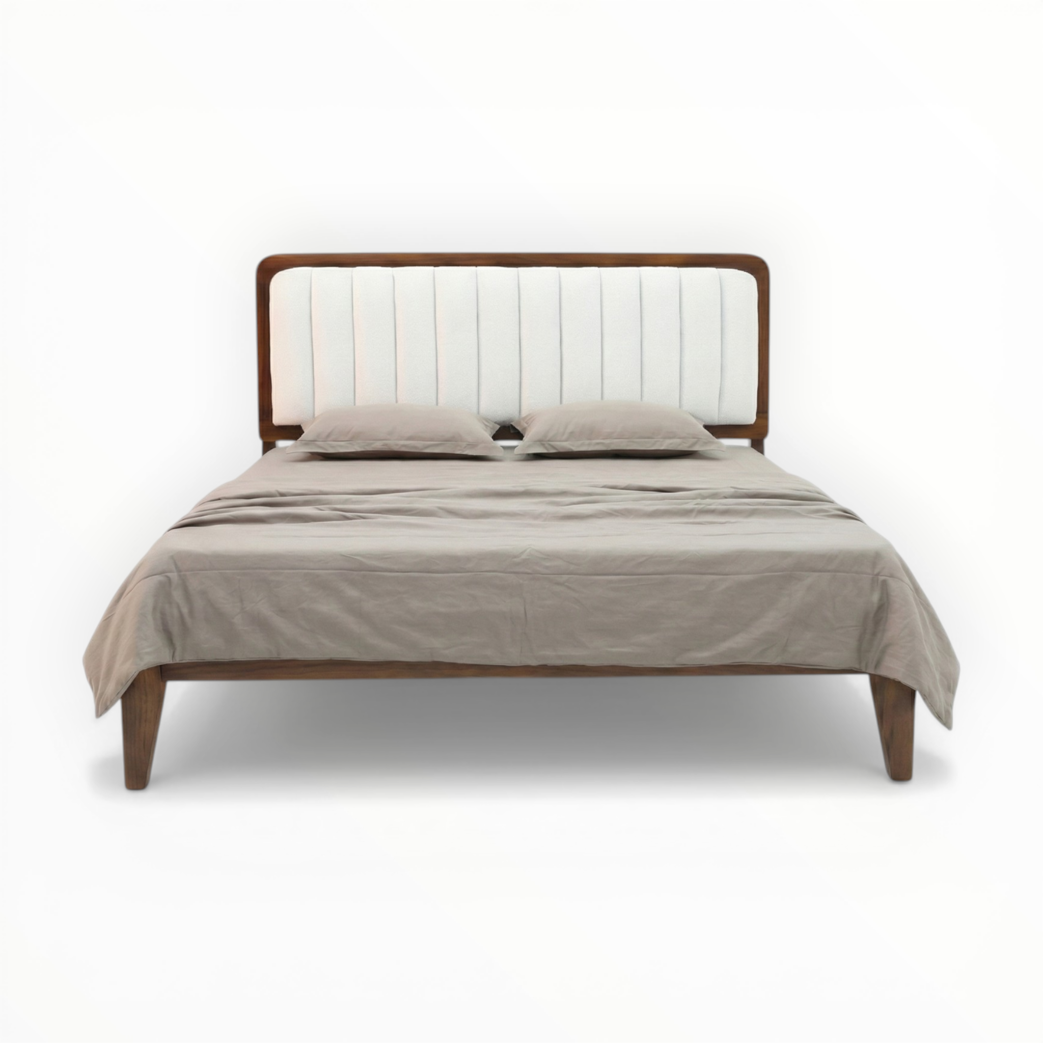 Bed with wooden frame and beige bedding on a white background
