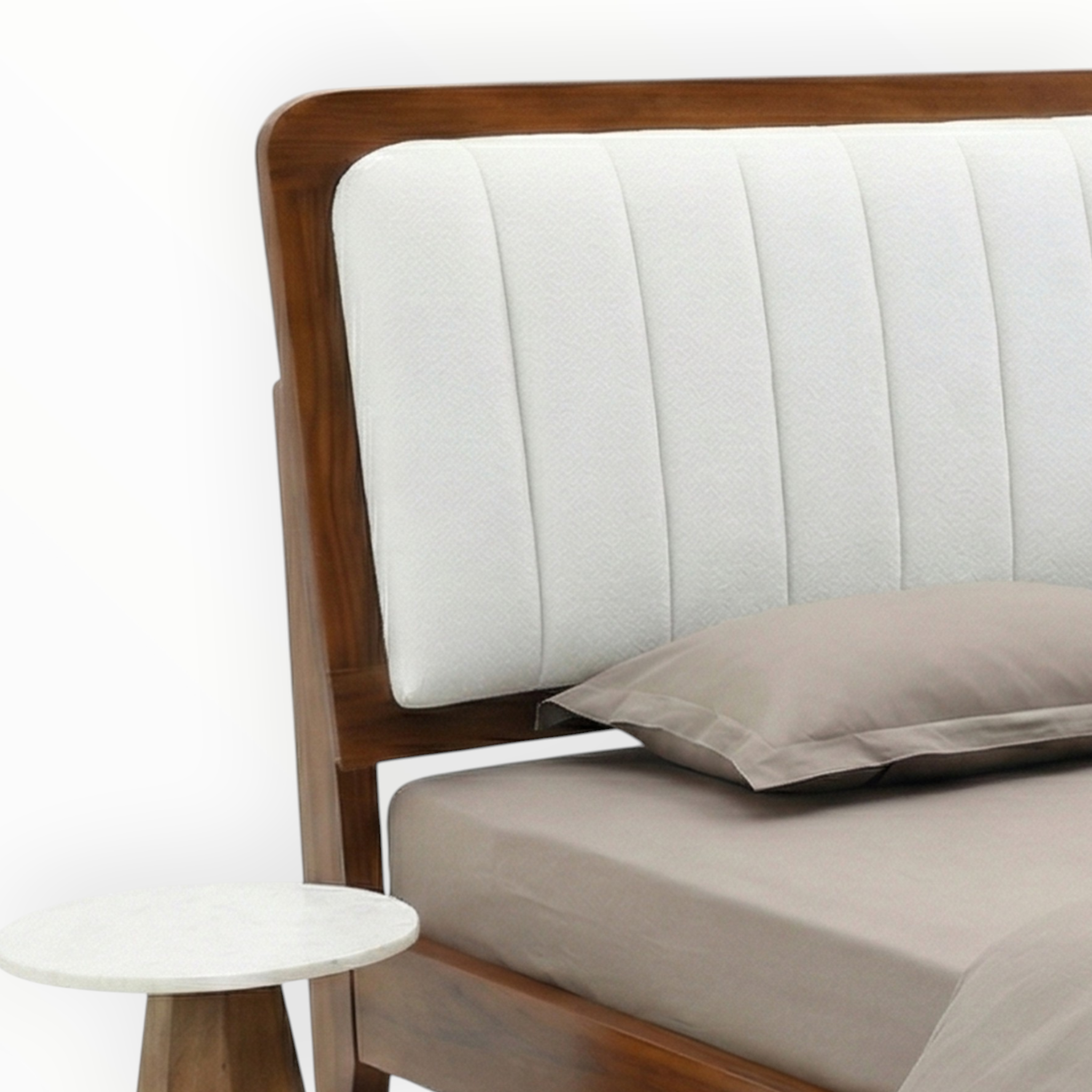 Wooden bed frame with white headboard and brown pillow on a white background