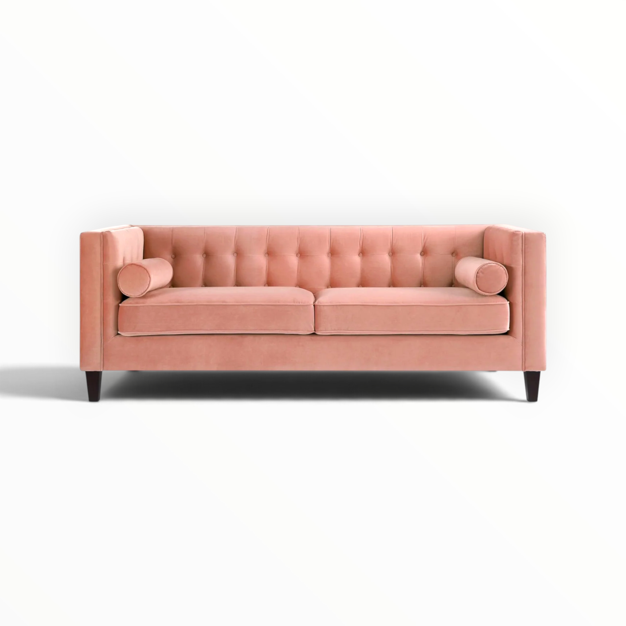 Blush Button-Tufted Sofa – Blush Pink Living Room Scene | Woodkraft Studio Hyderabad
