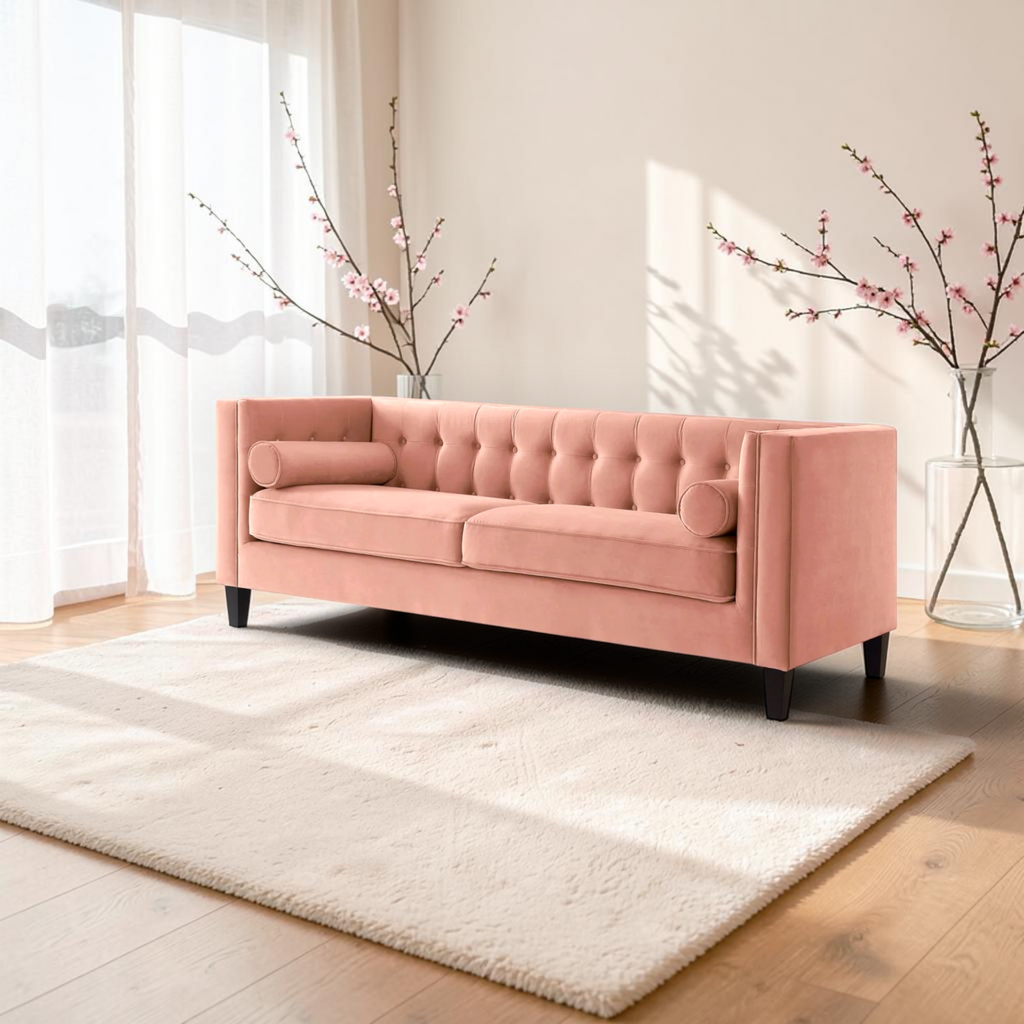 Blush 3 Seater Sofa – 3/4 Angle View Showing Tufted Back and Teakwood Legs