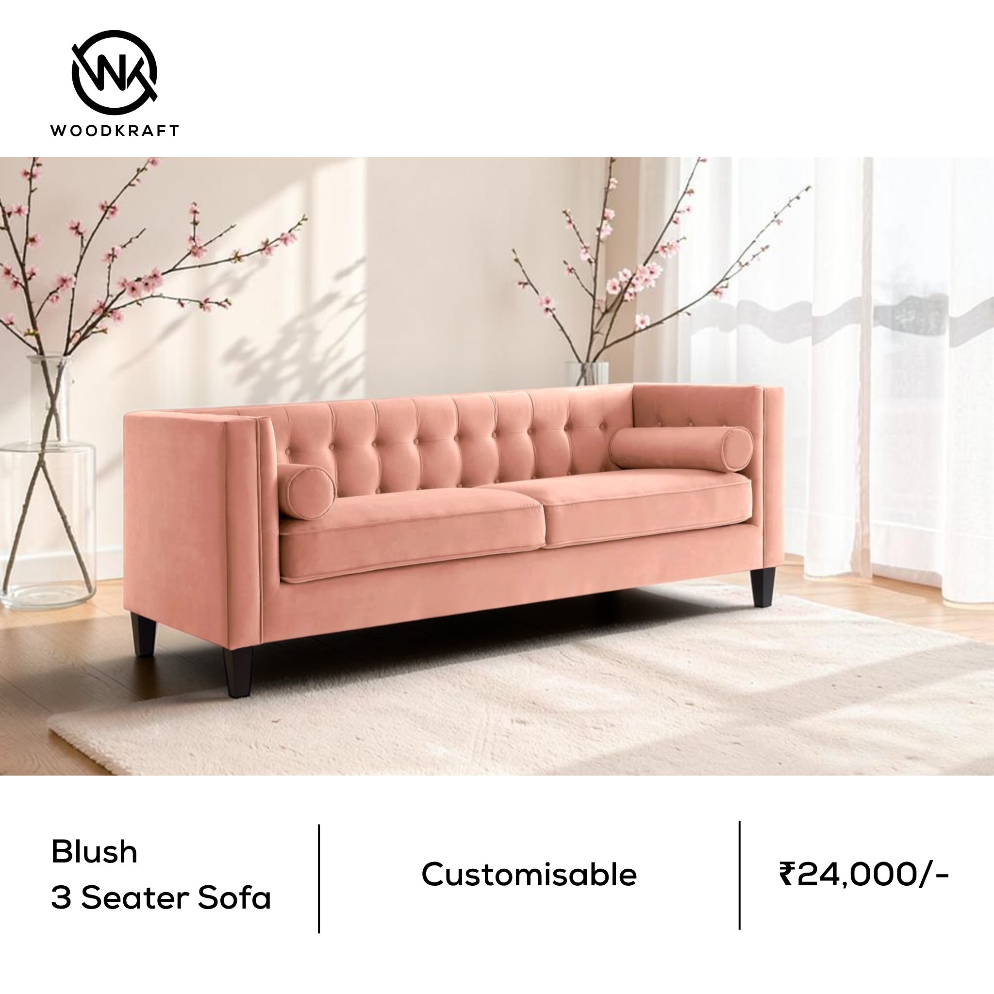 Blush Sofa – Close-Up of Button Tufting Detail on Velvet Backrest